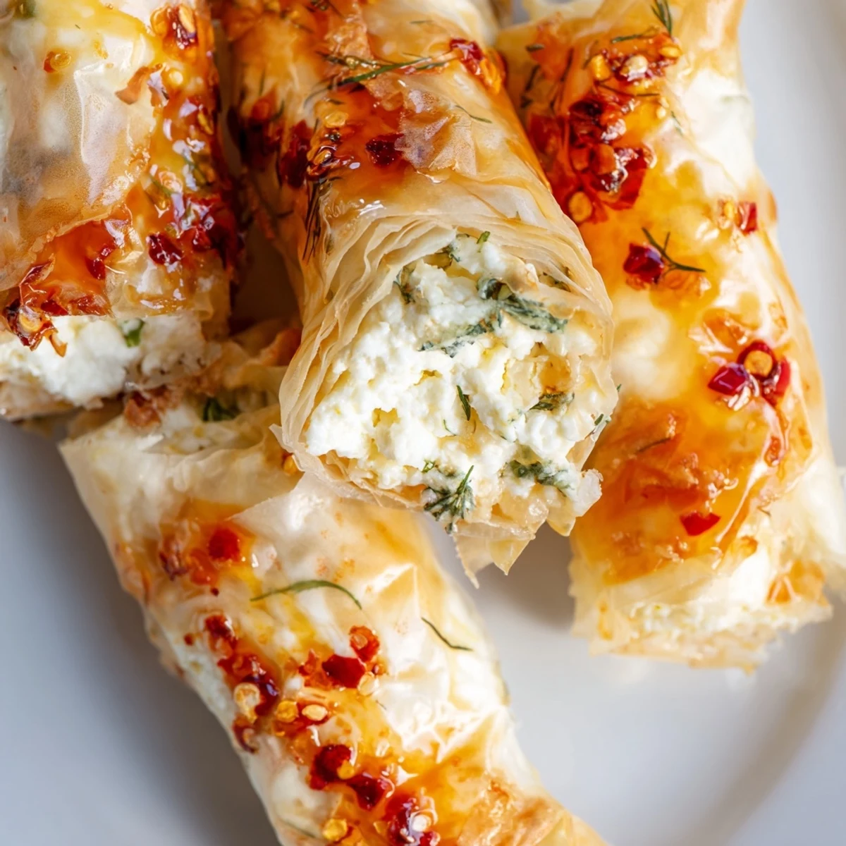 Fresh herb and lemon zest feta rolls baked until flaky, drizzled with sweet heat chili honey, perfect for a party platter or snack.
