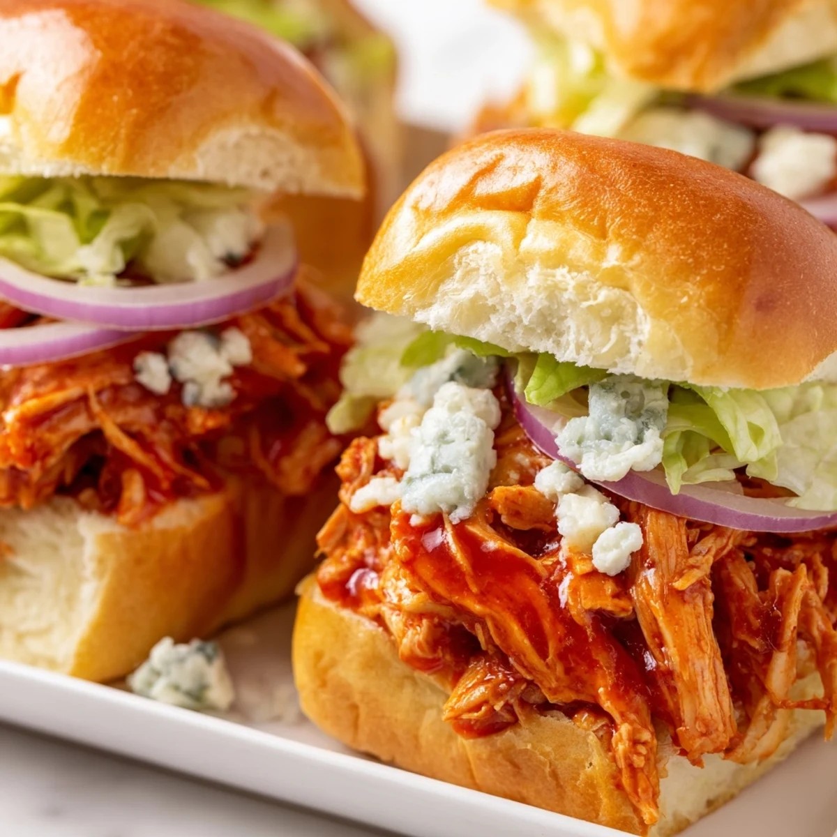 Golden-brown slider buns reveal tender shredded chicken coated in spicy Buffalo sauce, topped with creamy blue cheese crumbles and crisp lettuce leaves.