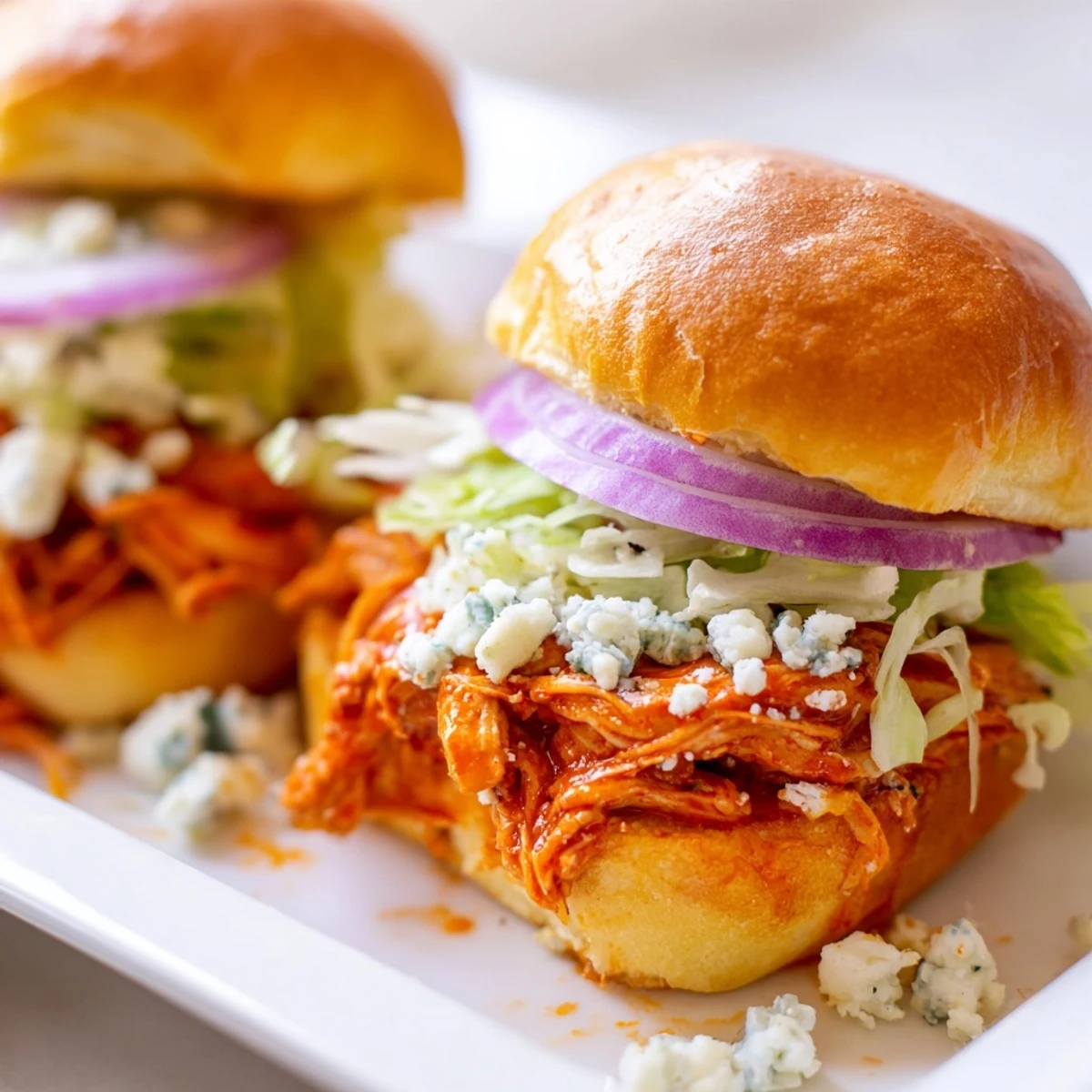 Close-up of warm Spicy Buffalo Chicken Sliders with melted blue cheese, vibrant red onion slices, and a side of tangy ranch dressing.