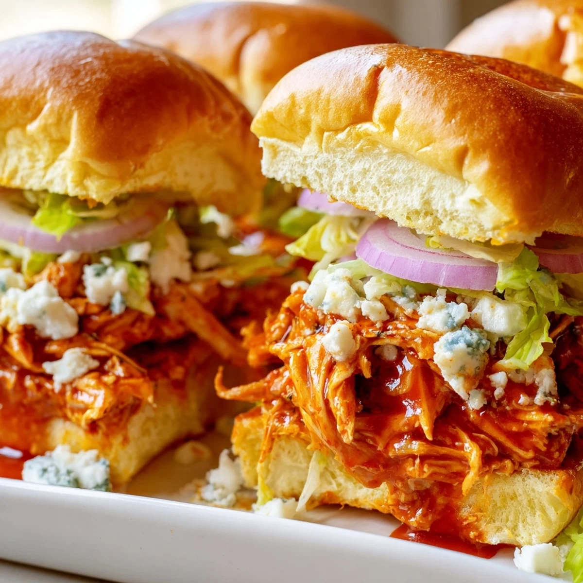 Freshly baked Spicy Buffalo Chicken Sliders rest on a wooden board, garnished with chives and served alongside crunchy celery sticks for dipping.