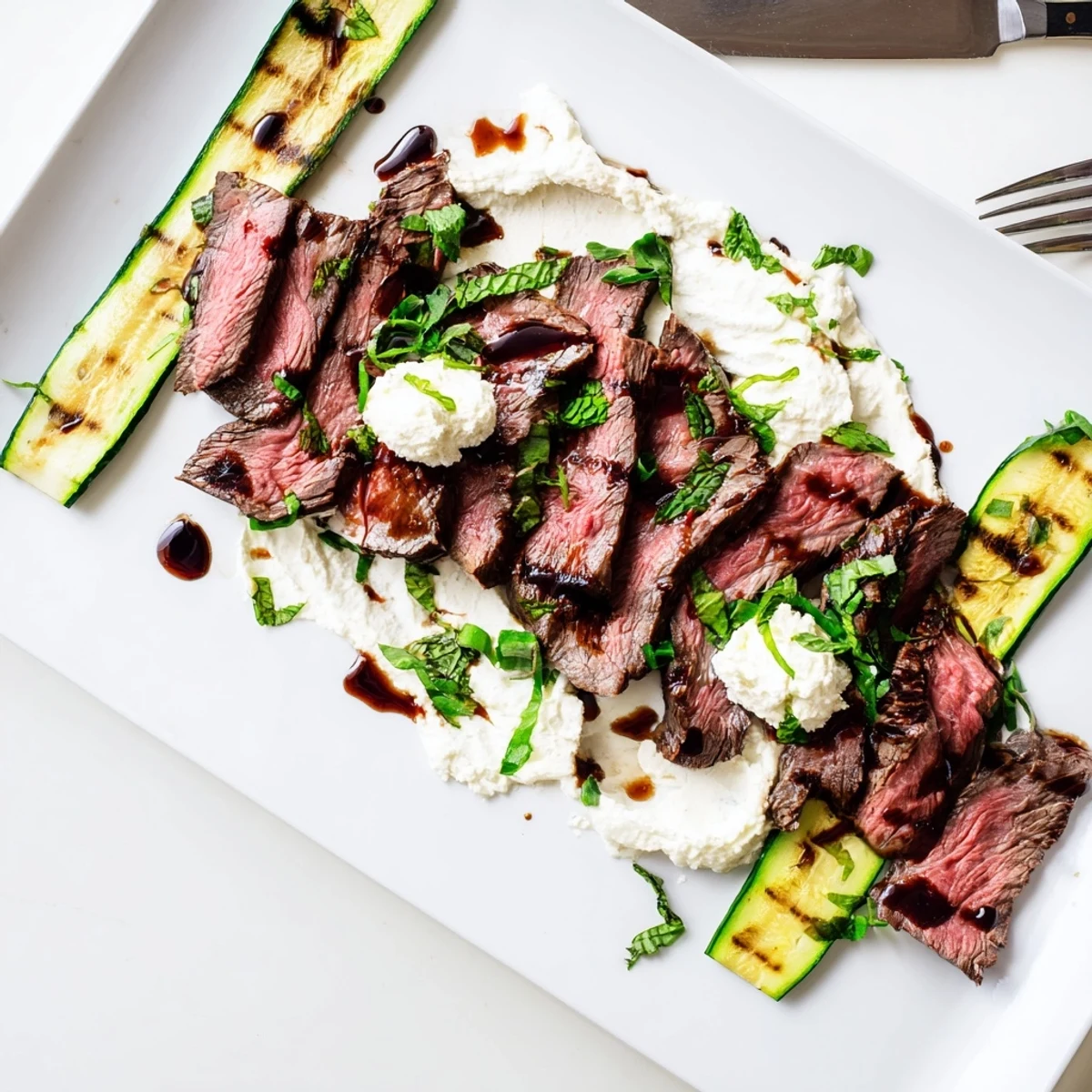 A close-up of balsamic flank steak slices fanned on whipped feta, with smoky grilled zucchini rounds and fresh mint garnish for summer dining.