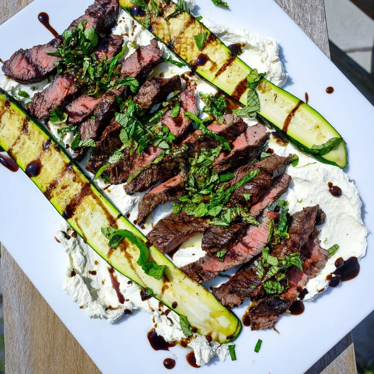 Overhead view of balsamic flank steak beside charred grilled zucchini and a creamy dollop of whipped feta on a rustic white platter.