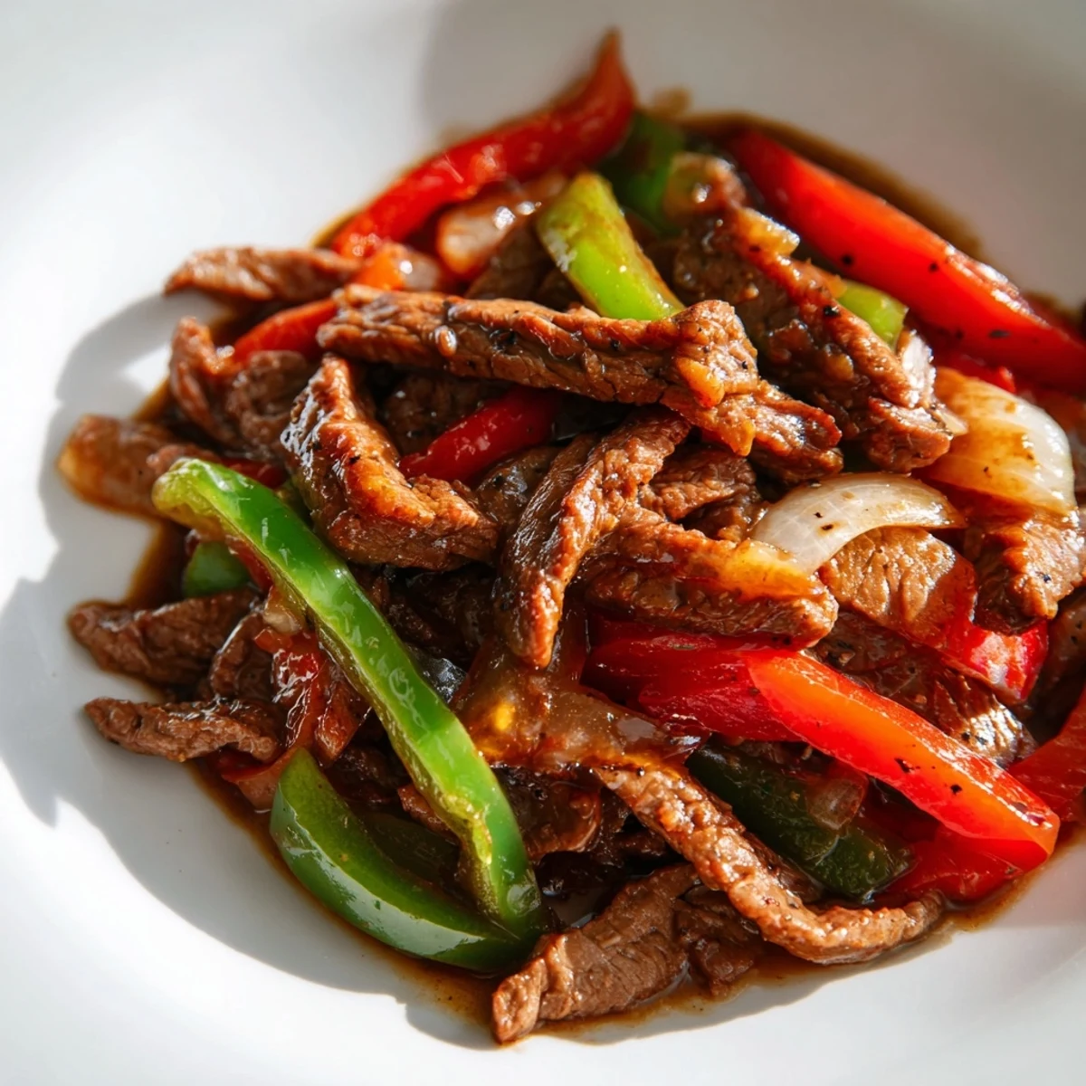 Sizzling Chinese Pepper Steak With Onions sizzles in a wok, beef strips and colorful peppers in a glossy sauce over steamed rice.