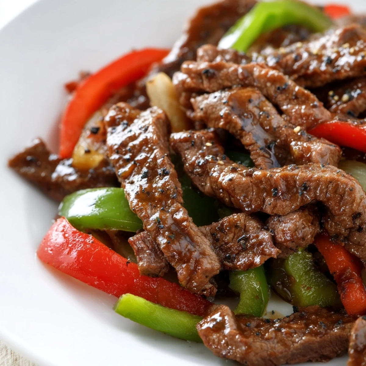 Sizzling Chinese Pepper Steak With Onions served family-style on a white plate with onions and peppers beside fluffy white rice.