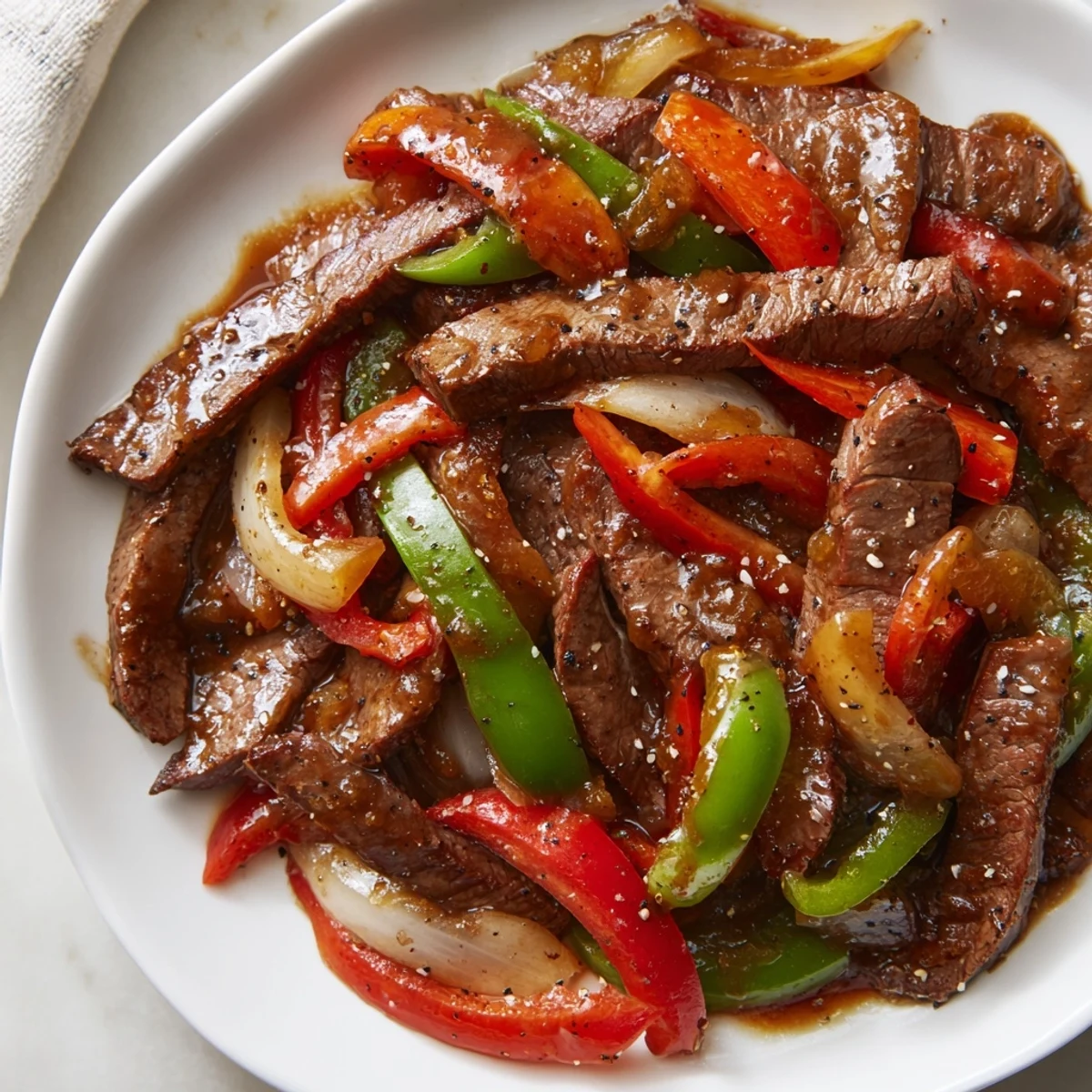 Sizzling Chinese Pepper Steak With Onions plated with a steamy bowl of rice, fresh ginger and garlic aromas filling the air.