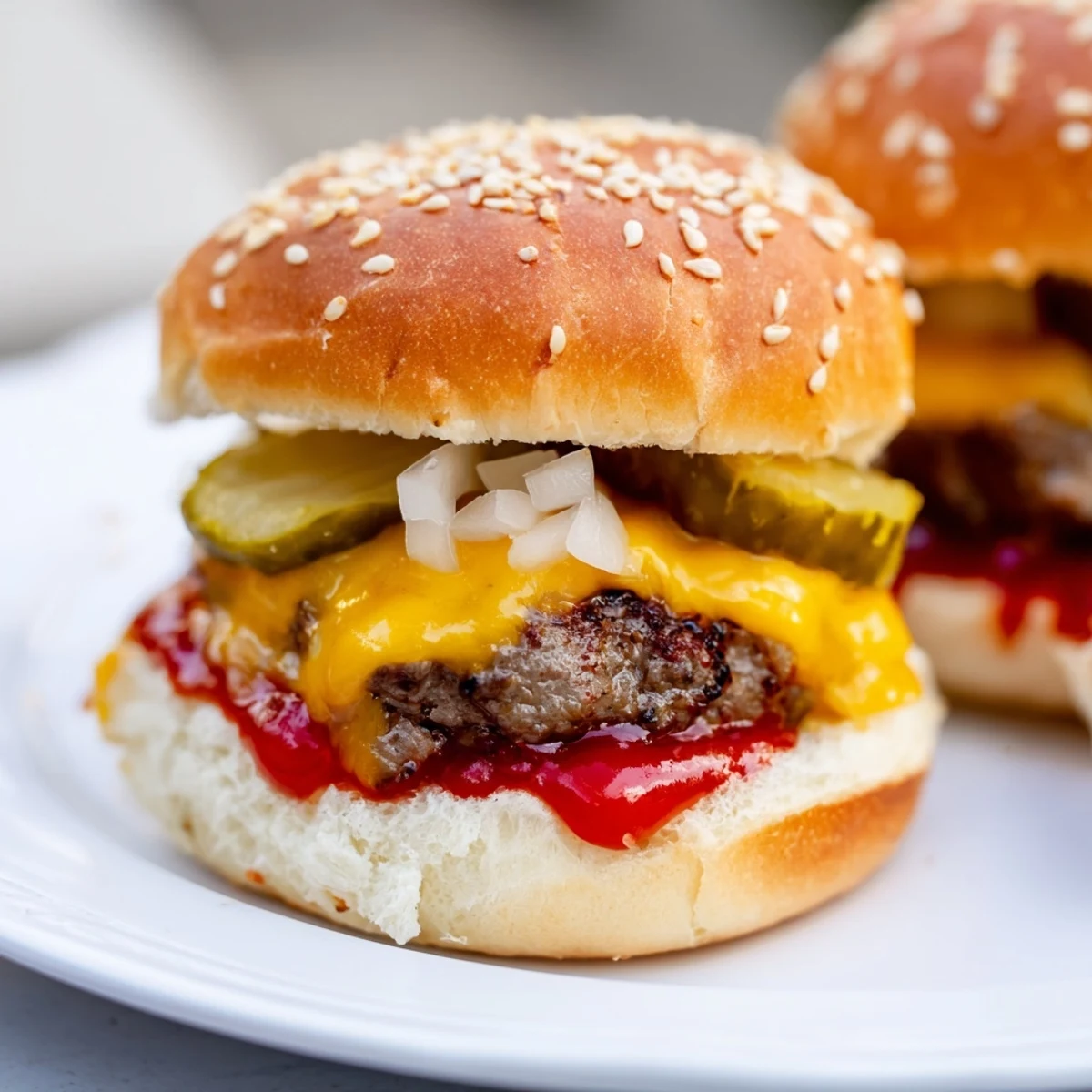 A close-up of juicy White Trash Sliders featuring beef patties, tangy mustard, and ketchup on soft buns, perfect for a party platter.