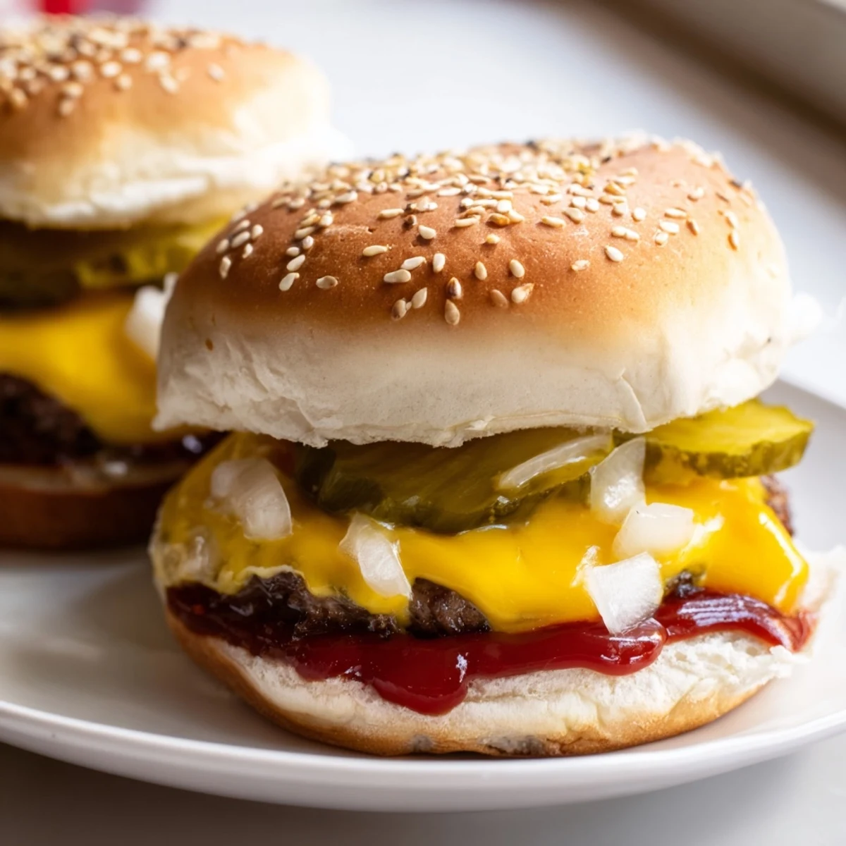 Stack of warm White Trash Sliders with sesame seed buns, melted American cheese, and diced onions, ready to be enjoyed at a gathering.