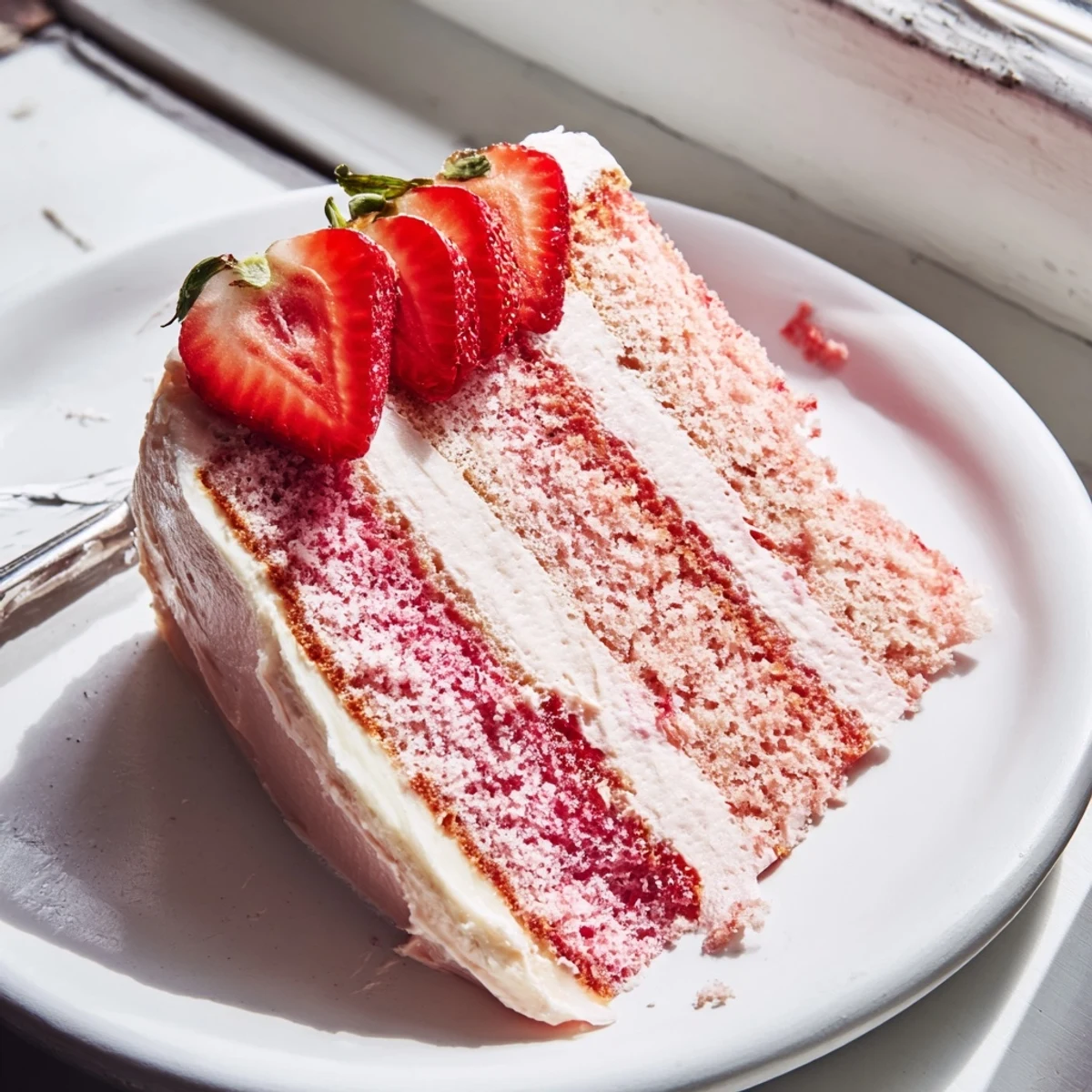 A close-up view of Strawberry Velvet Cake shows smooth cream cheese frosting and ripe strawberries on a marble serving plate.