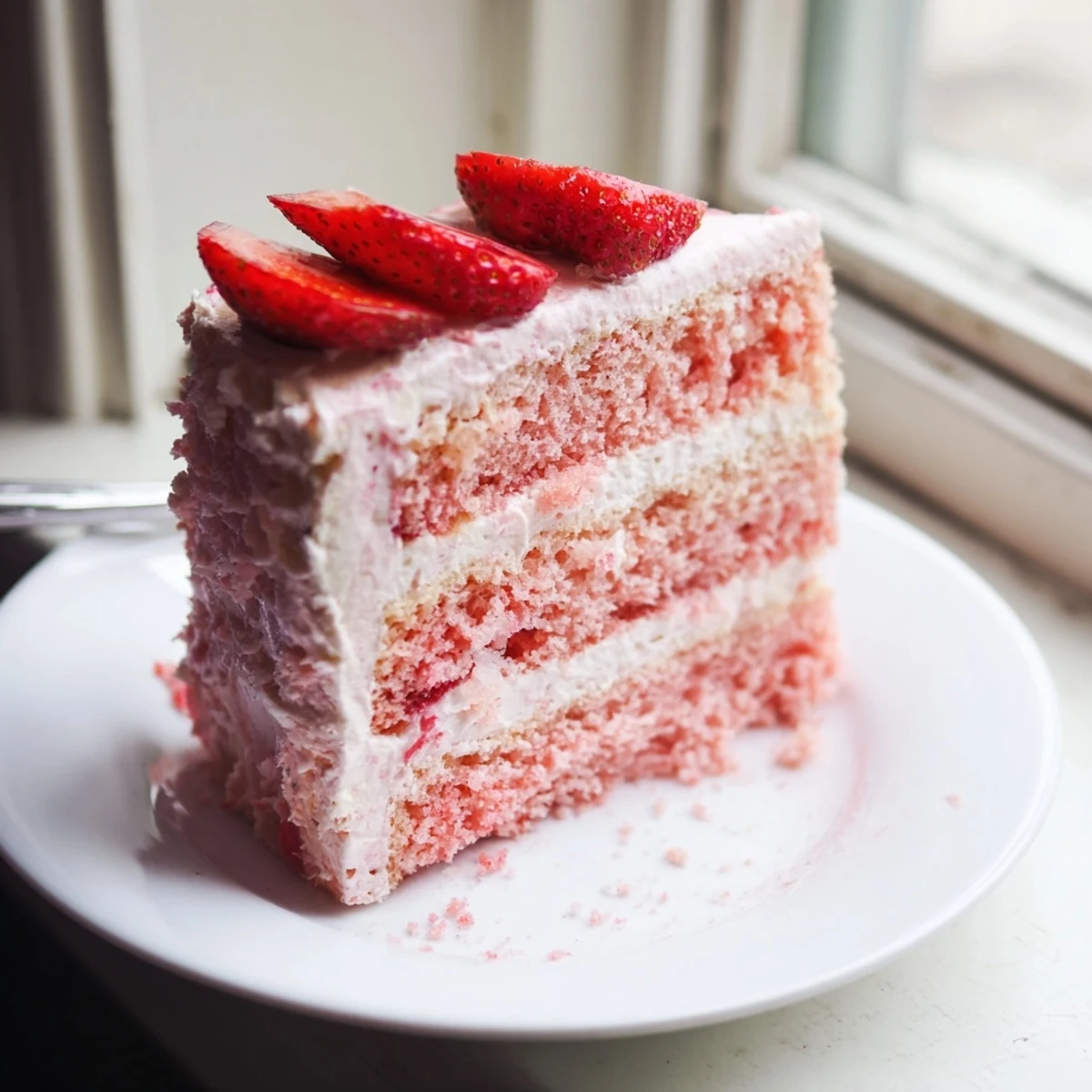 Freshly sliced layers of Strawberry Velvet Cake reveal a moist crumb and pink strawberry filling, topped with creamy frosting.