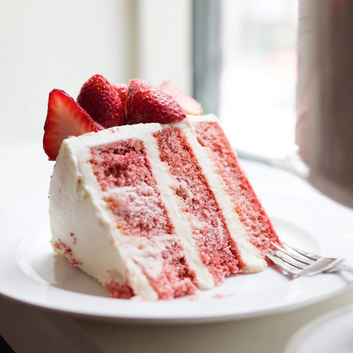 Strawberry Velvet Cake sits on a rustic wooden table, garnished with bright fresh strawberries and a dusting of powdered sugar.