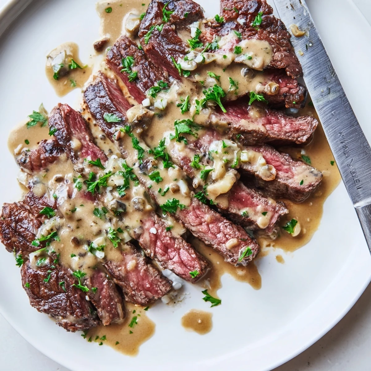 A juicy, seared ribeye steak topped with creamy garlic sauce and fresh parsley on a white plate.