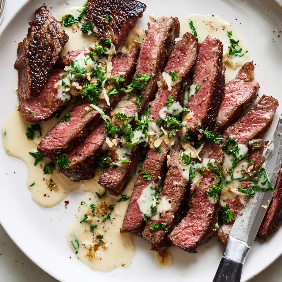 Juicy Steak With Creamy Garlic Sauce rests beside roasted vegetables for a complete, satisfying dinner.
