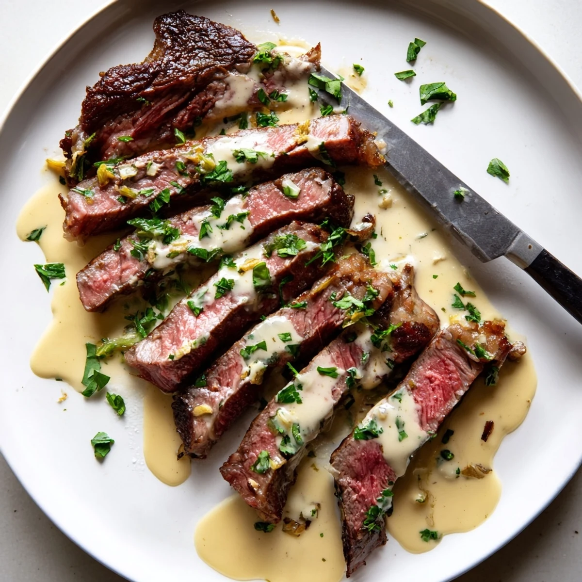Two perfectly cooked ribeye steaks drenched in velvety garlic cream sauce, garnished with chopped parsley.
