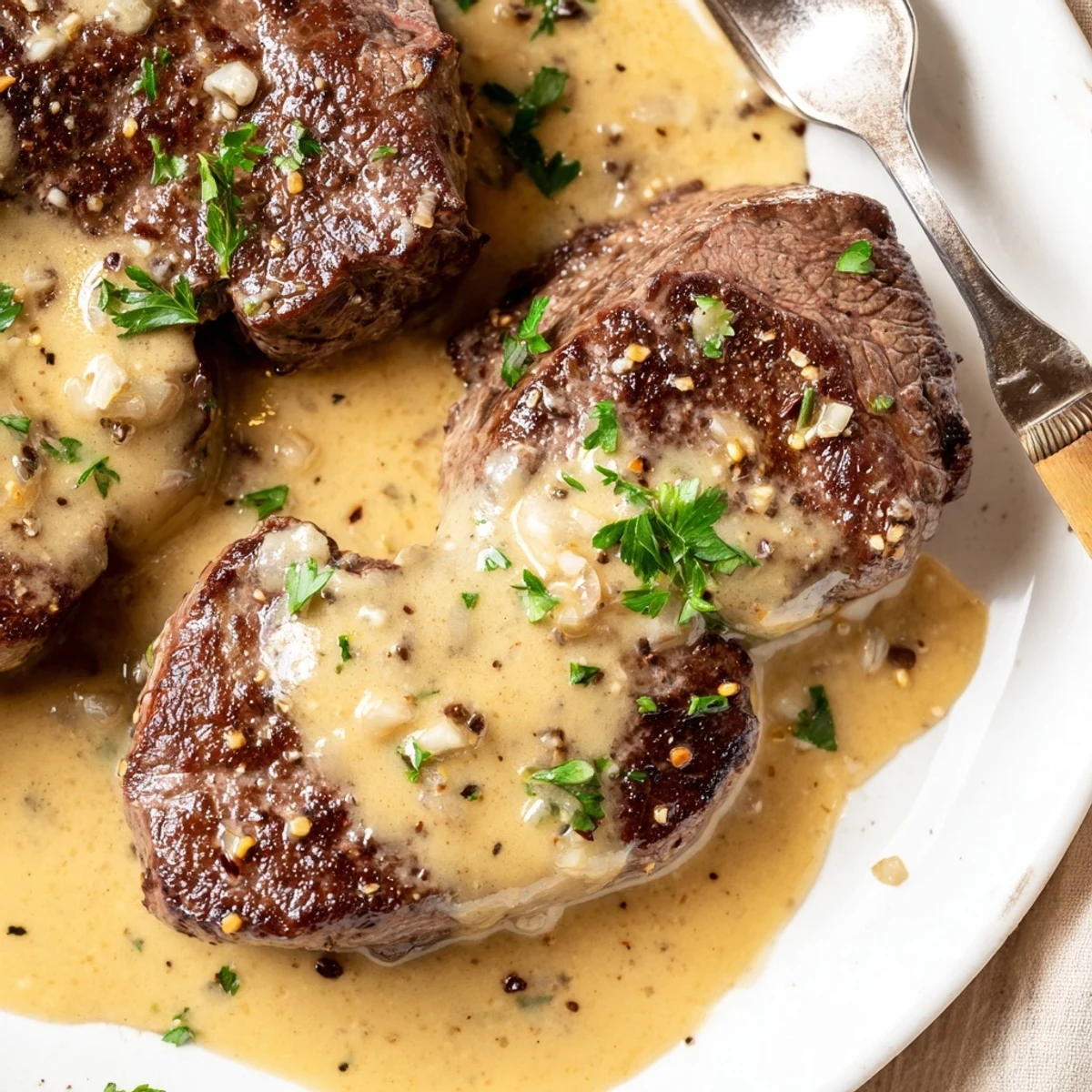 Golden seared Garlic Butter Steak medallions topped with a rich, bubbling Parmesan cream sauce on a dinner plate.