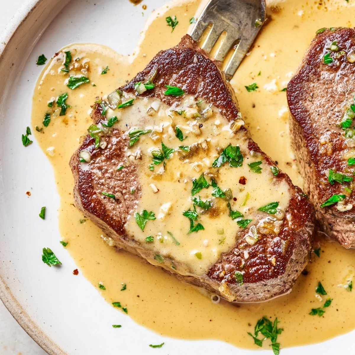 Sizzling Garlic Butter Steak medallions swimming in a luscious Parmesan cream sauce served with roasted asparagus.