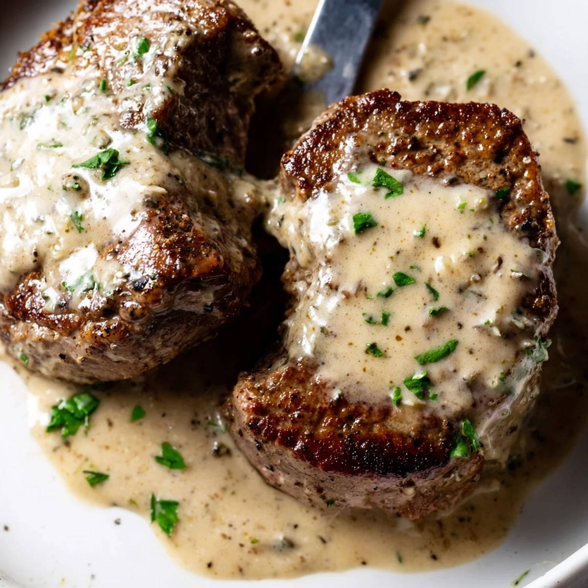 Garlic Butter Steak plated with fresh parsley, ready to be drizzled with a velvety Parmesan cream sauce.