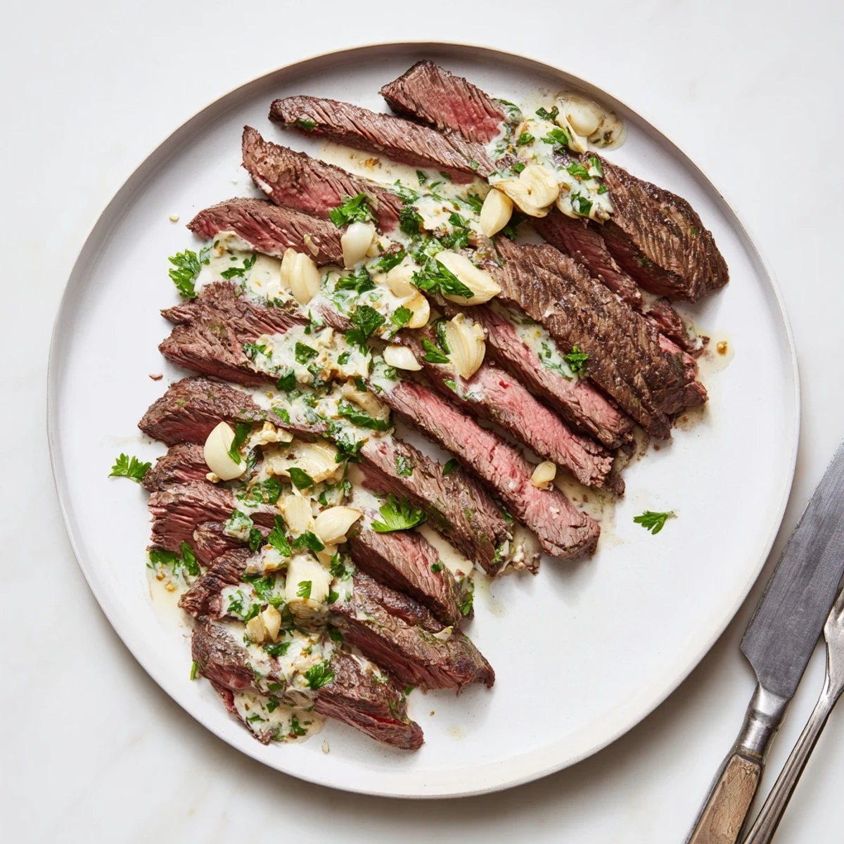 Juicy flank steak topped with roasted garlic sauce, sliced thin and served on a white plate with herbs.