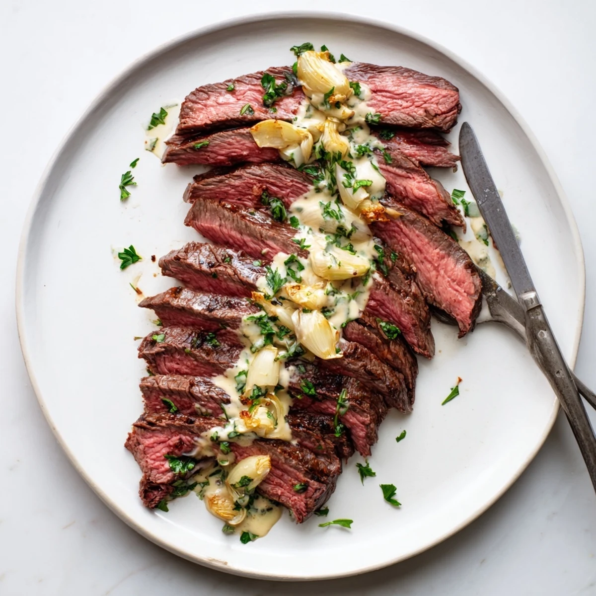 Perfectly seared flank steak with rich roasted garlic sauce, ready to serve with roasted potatoes and green beans.