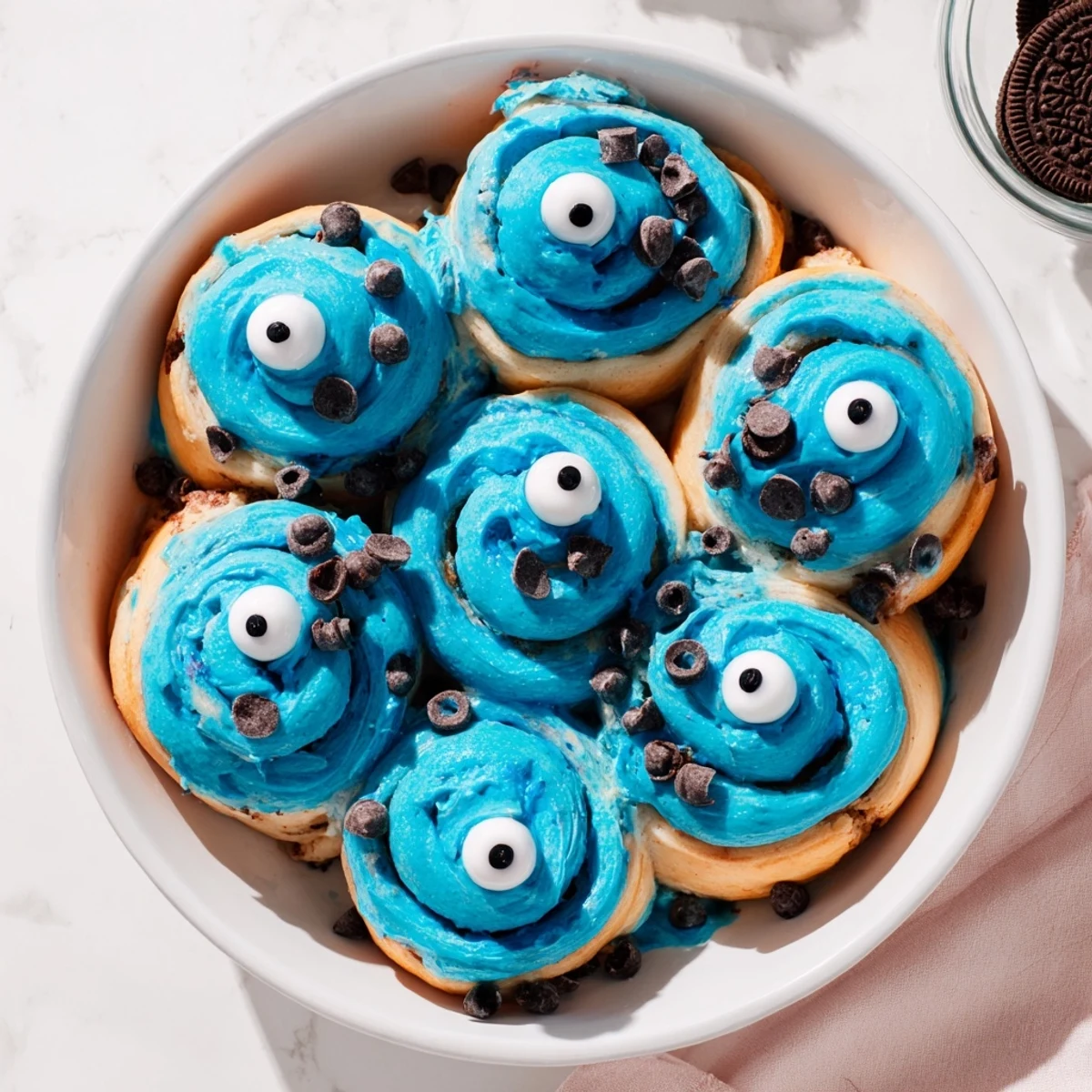 A close-up of vibrant blue Cookie Monster Cinnamon Rolls with glossy cream cheese frosting and playful cookie eyes.