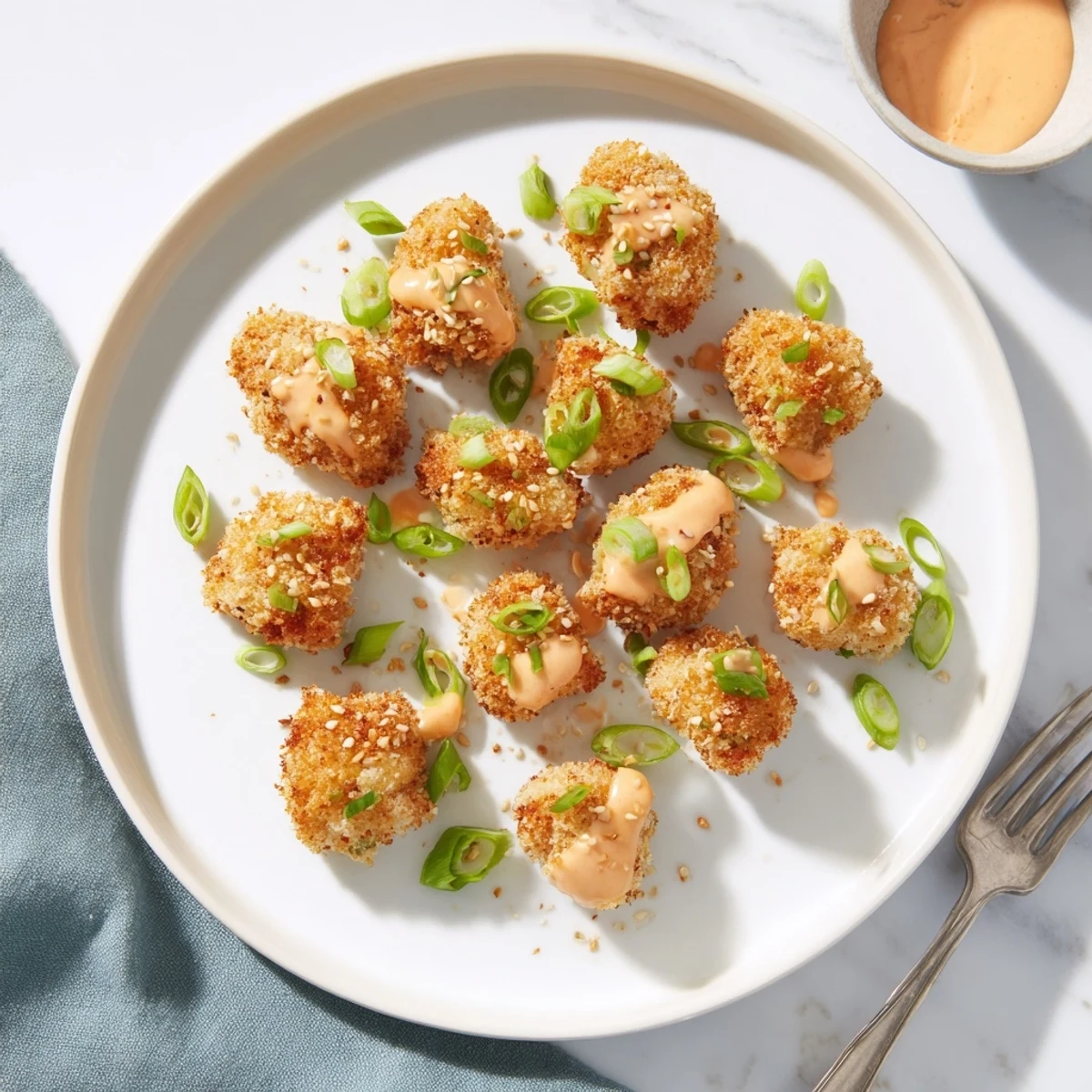 Golden-brown chicken bites coated in almond flour rest in a creamy, spicy bang bang sauce garnished with fresh scallions and sesame seeds.