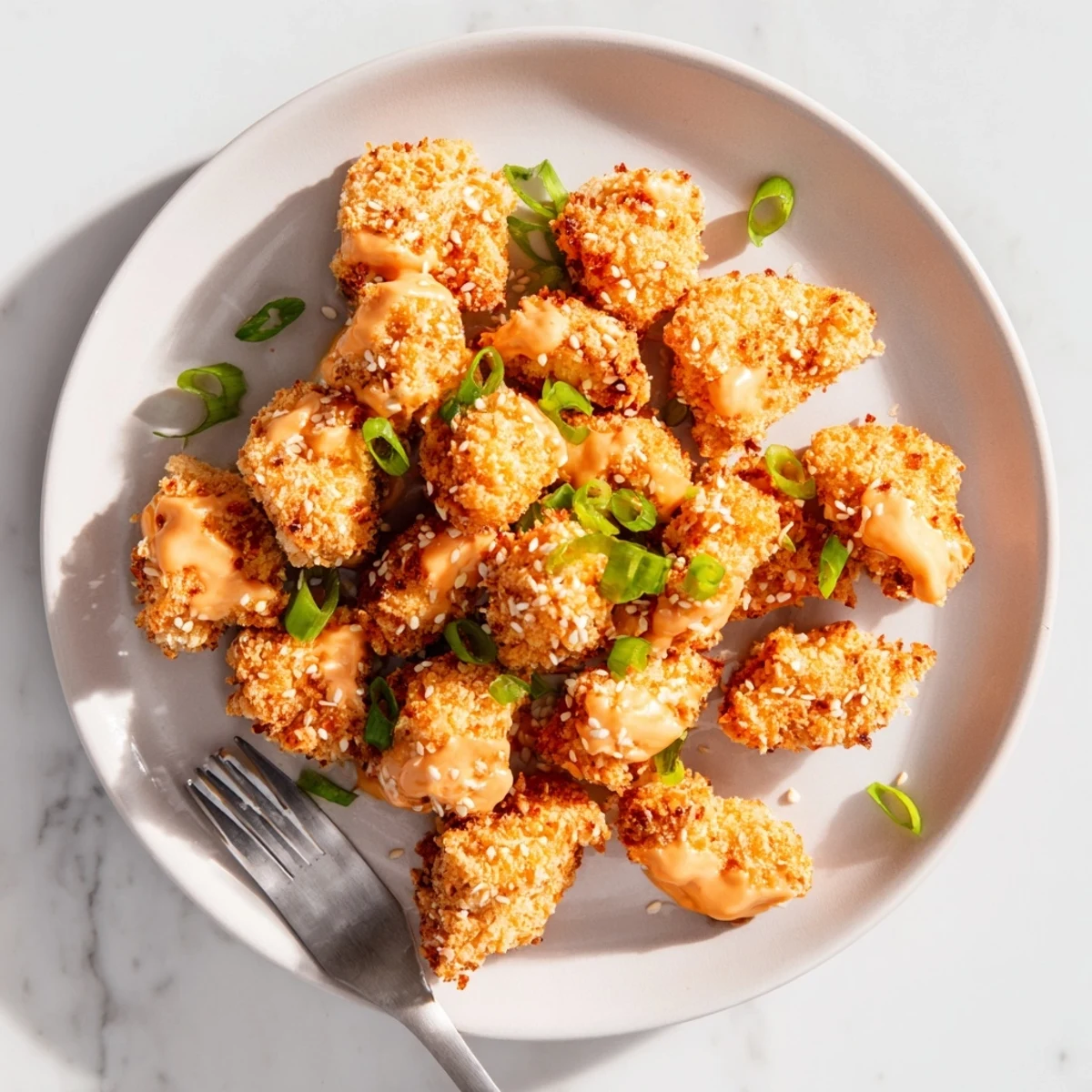 Tender pieces of chicken tossed in tangy bang bang sauce, garnished with sesame seeds and scallions on a white plate.