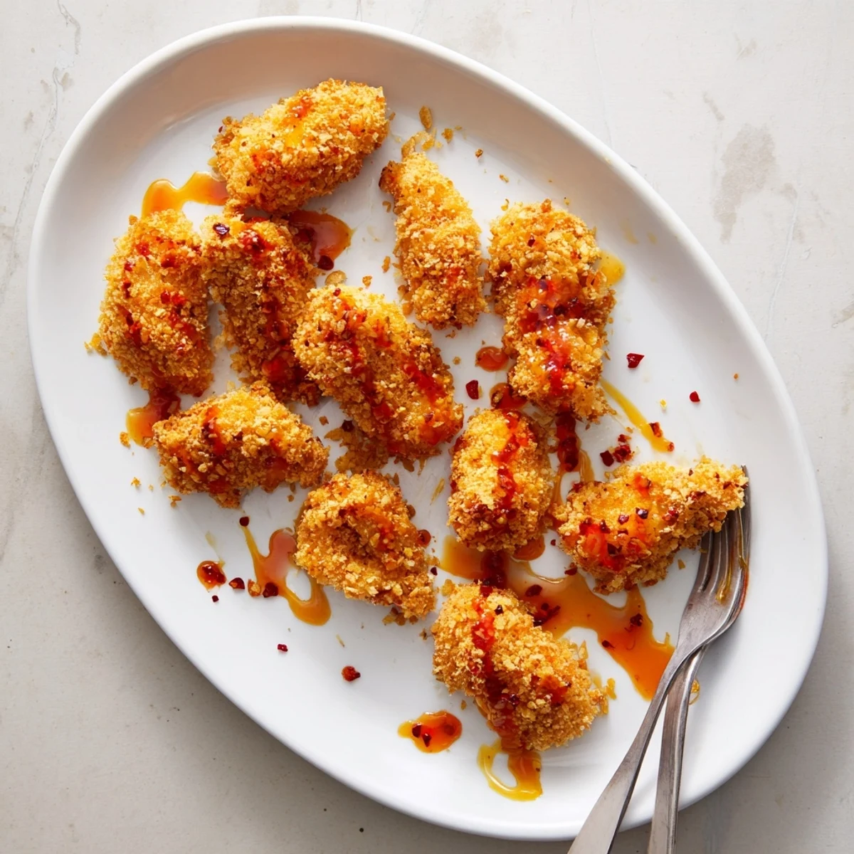 A close-up view of baked crunchy hot honey chicken showing the crispy cornflake crust and juicy interior.