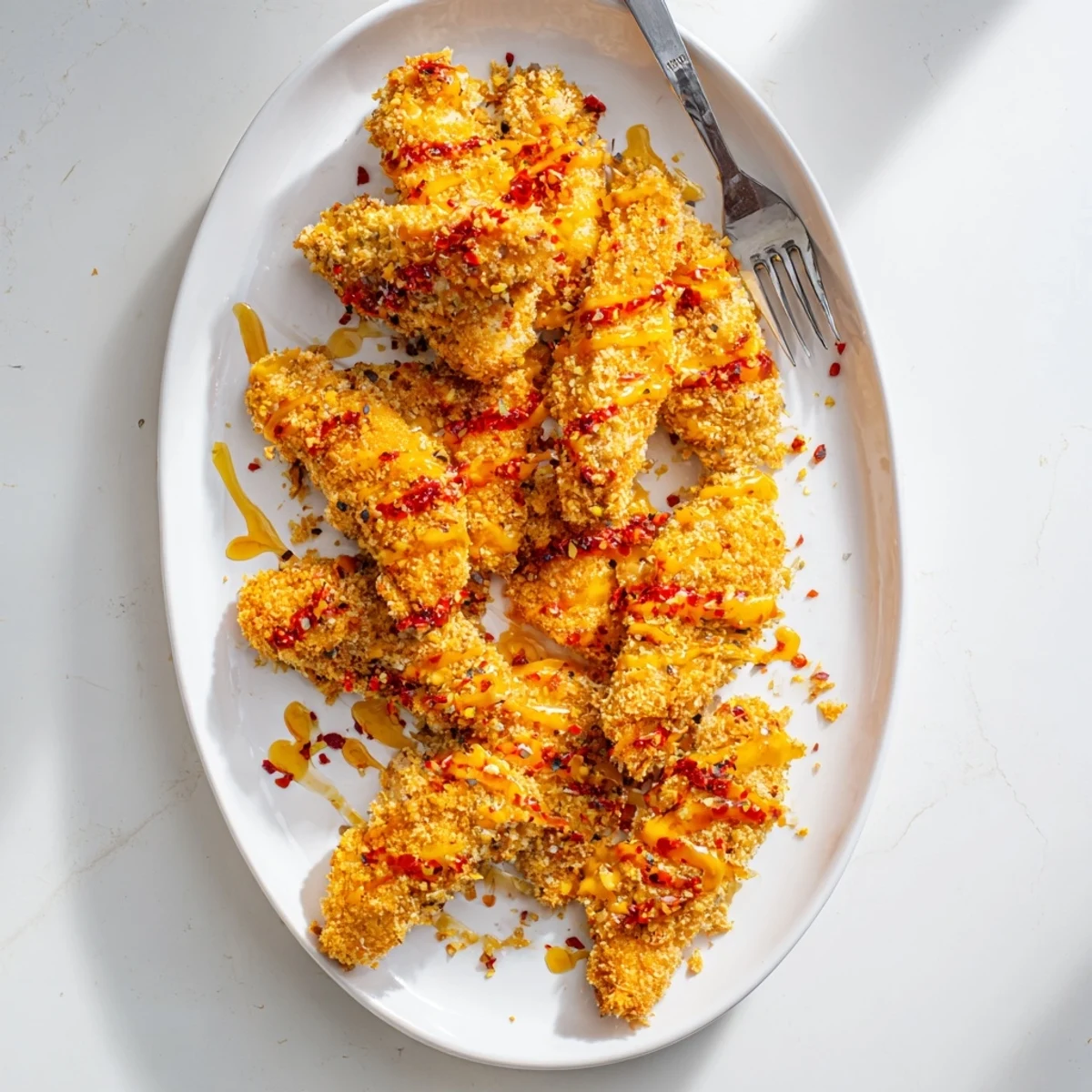 Golden-brown baked crunchy hot honey chicken breast served on a plate with a drizzle of spicy sweet sauce.