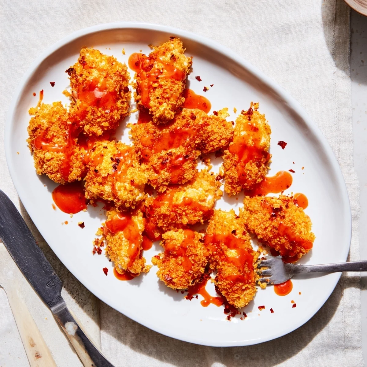 Sizzling baked crunchy hot honey chicken fresh from the oven, perfect with pickles and coleslaw on the side.