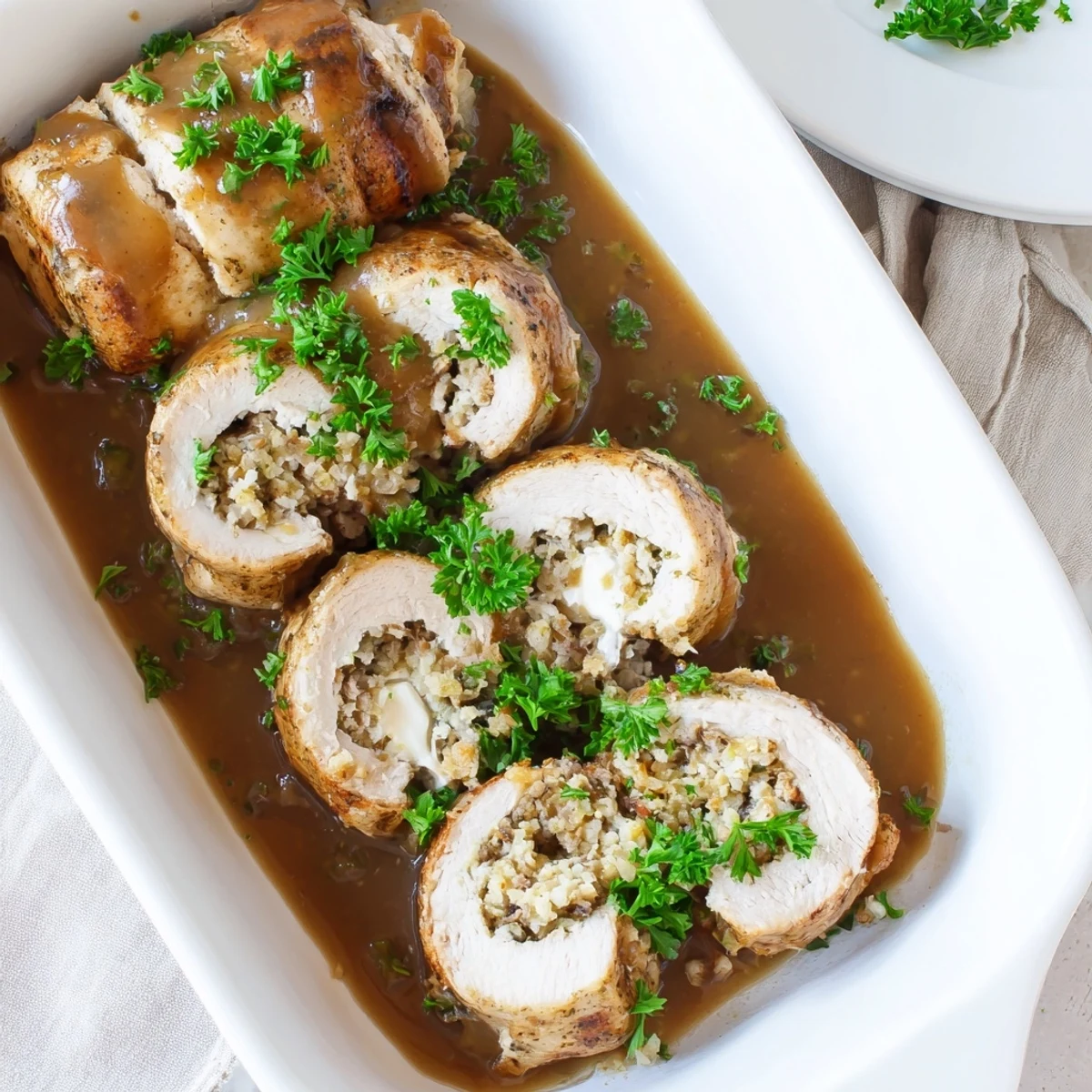 Golden-brown Flavor-Packed Turkey Roll-Ups with Stuffing resting on a white plate, garnished with fresh parsley and drizzled with rich gravy.