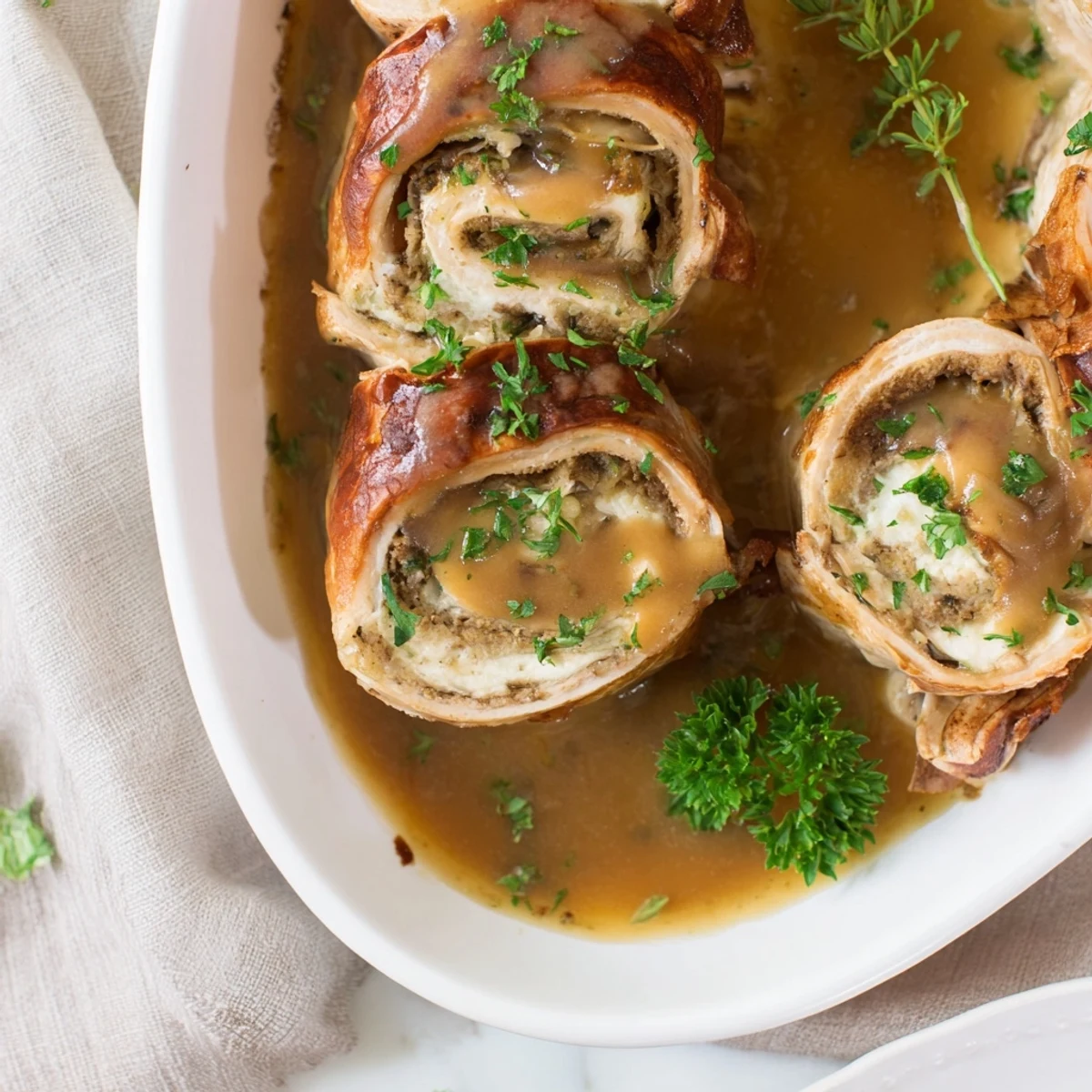 Plated Flavor-Packed Turkey Roll-Ups with Stuffing served alongside steamed green beans, perfect for a cozy American family dinner.