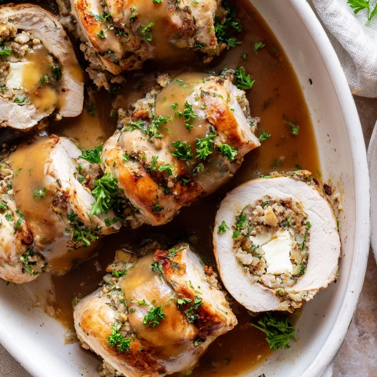 Close-up view of tender Flavor-Packed Turkey Roll-Ups with Stuffing revealing juicy turkey and savory stuffing inside, paired with mashed potatoes.