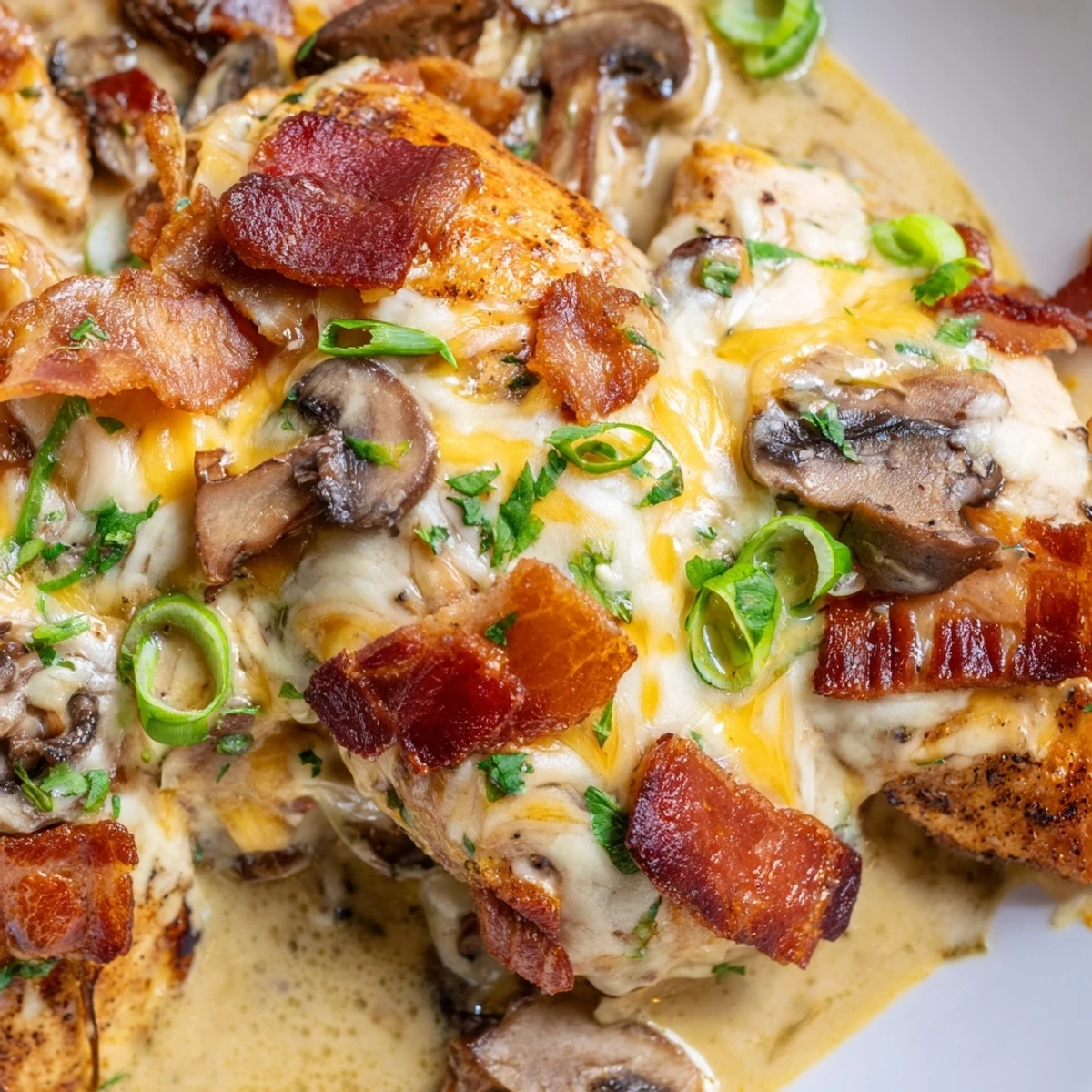 Golden-brown Mississippi Mud Chicken breasts sit in a creamy, cheesy sauce with mushrooms and crispy bacon.