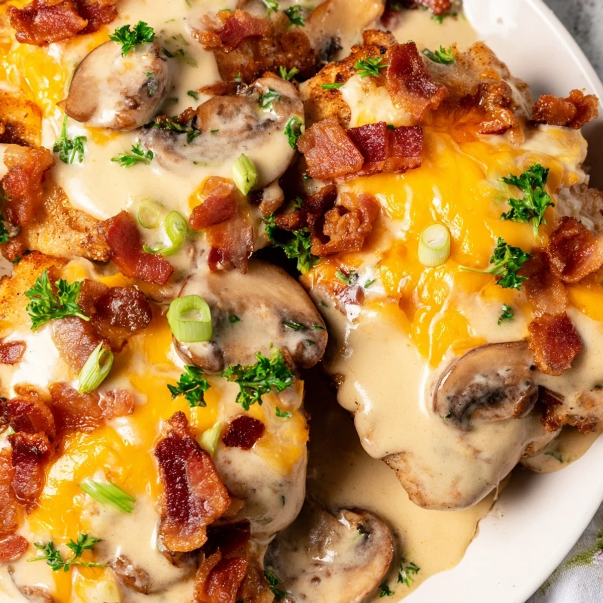 A close-up of Mississippi Mud Chicken topped with melted cheese, green onions, and fresh parsley.