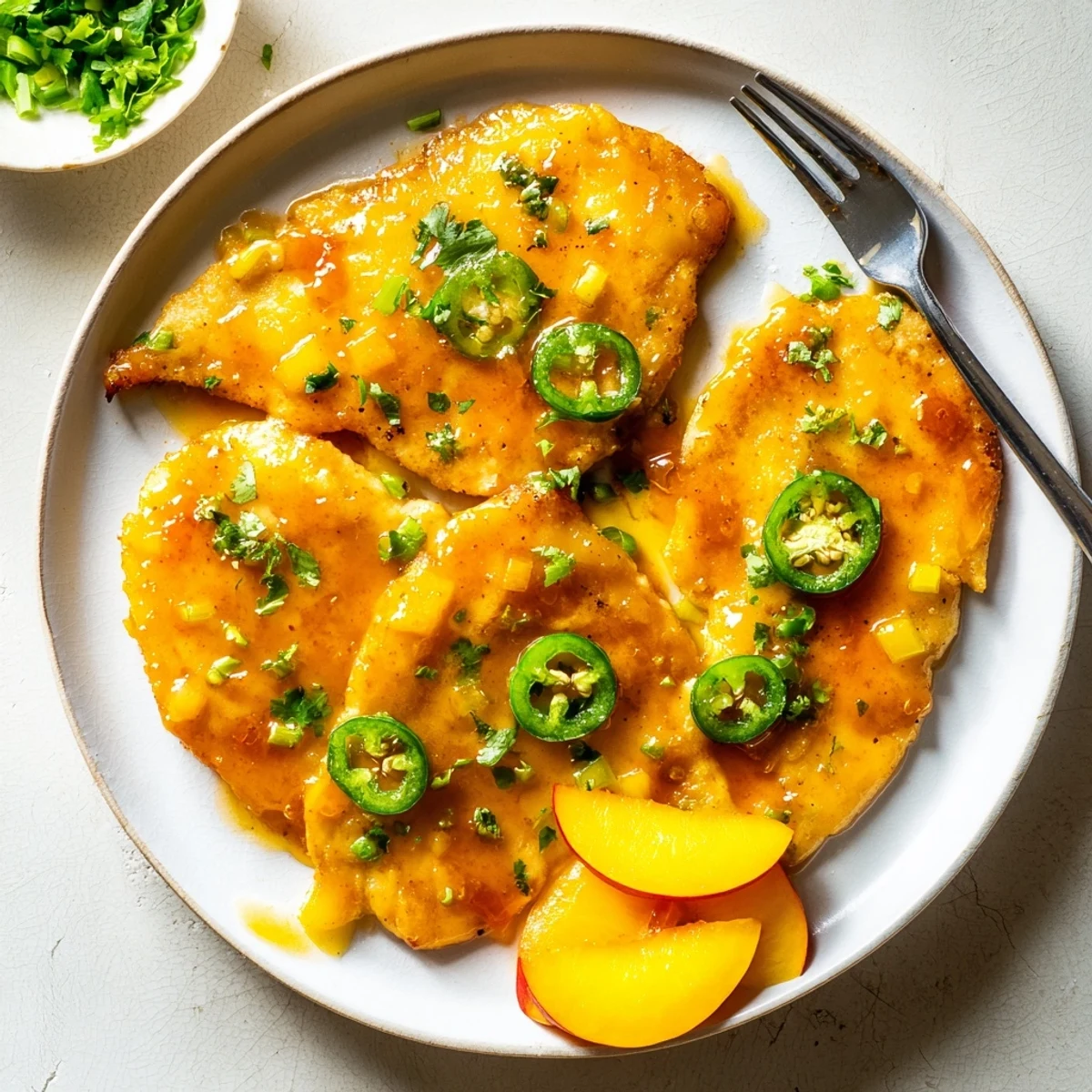 Golden-brown Jalapeño Peach Glazed Chicken breasts served hot with fresh peach slices and cilantro garnish.