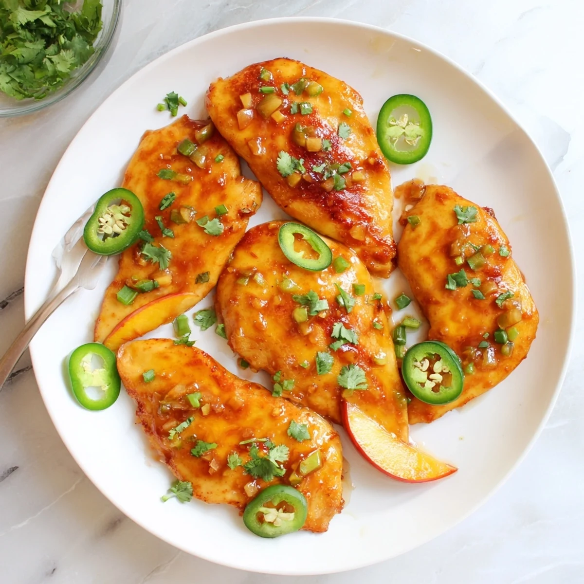 Close-up of tender Jalapeño Peach Glazed Chicken on a plate, highlighting the sticky, sweet and spicy sauce.