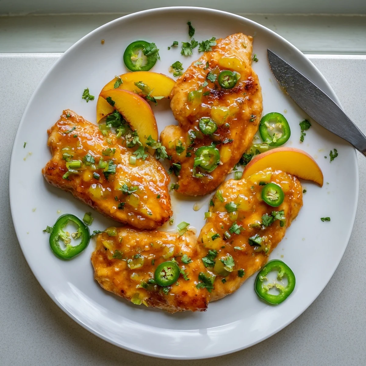 A rustic skillet of Jalapeño Peach Glazed Chicken ready to serve at a summer dinner party.