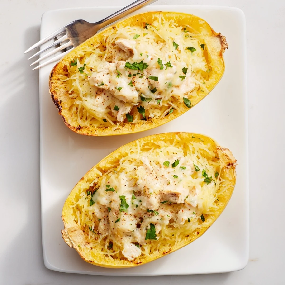 Hearty gluten-free spaghetti squash boats filled with juicy chicken and rich, cheesy Alfredo sauce, ready to serve.