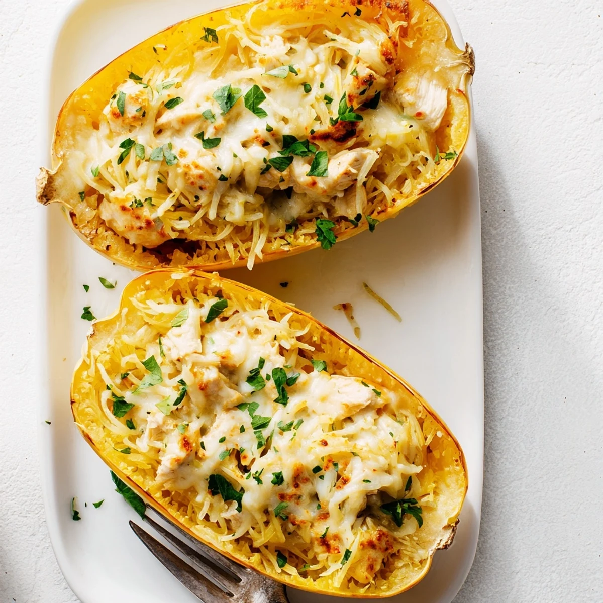 Savory chicken Alfredo spaghetti squash boats garnished with fresh parsley, served hot alongside a crisp salad.