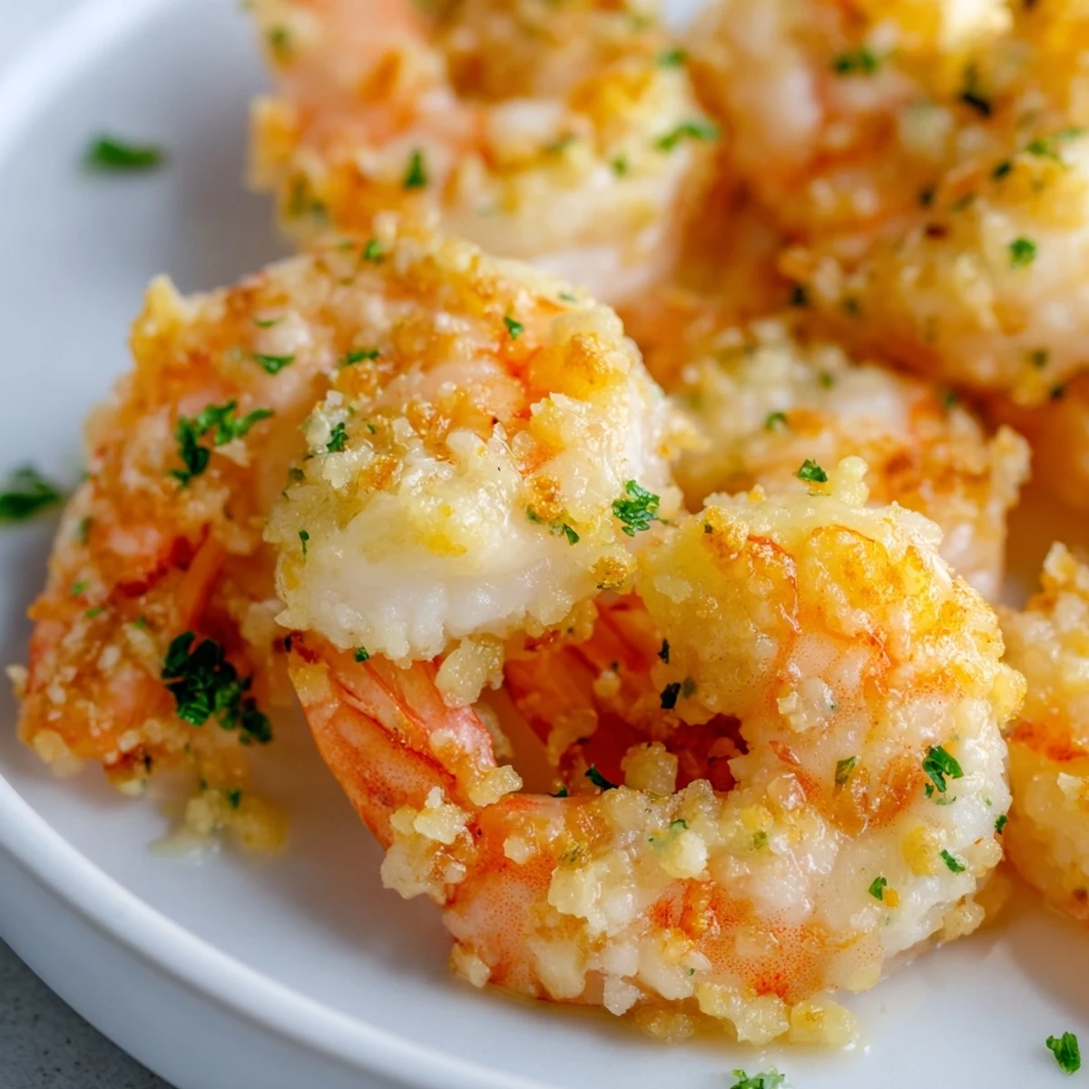 Golden-brown Air Fryer Garlic Parmesan Shrimp with a savory, cheesy crust and fresh parsley garnish on a rustic plate.