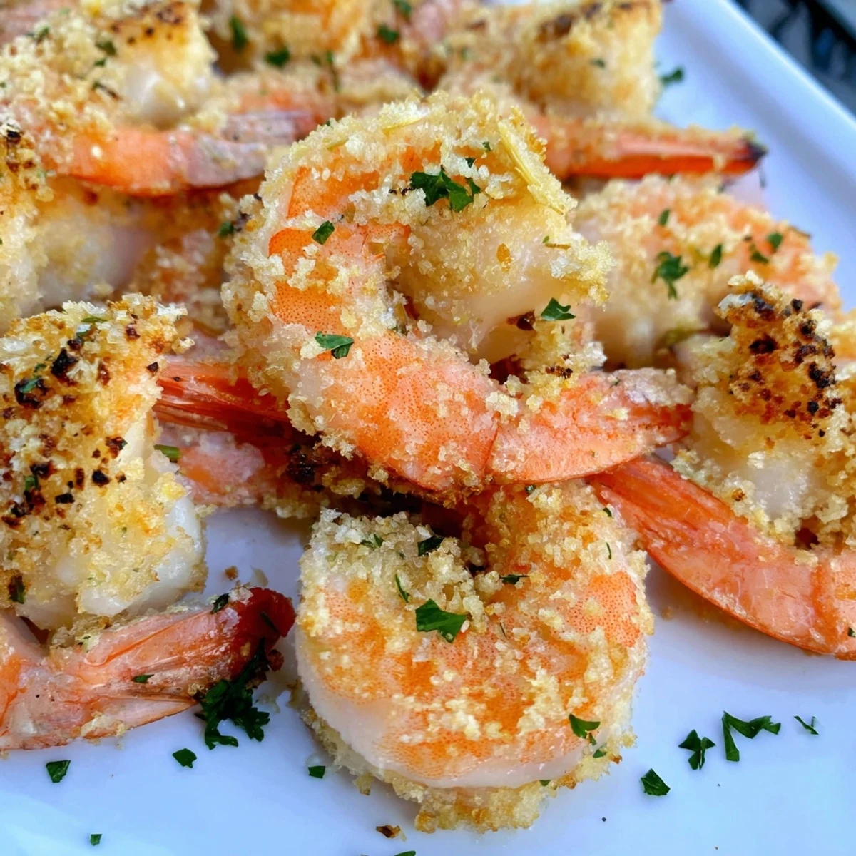 Close-up of Air Fryer Garlic Parmesan Shrimp with crispy edges and melted Parmesan, served hot with a sprinkle of herbs.