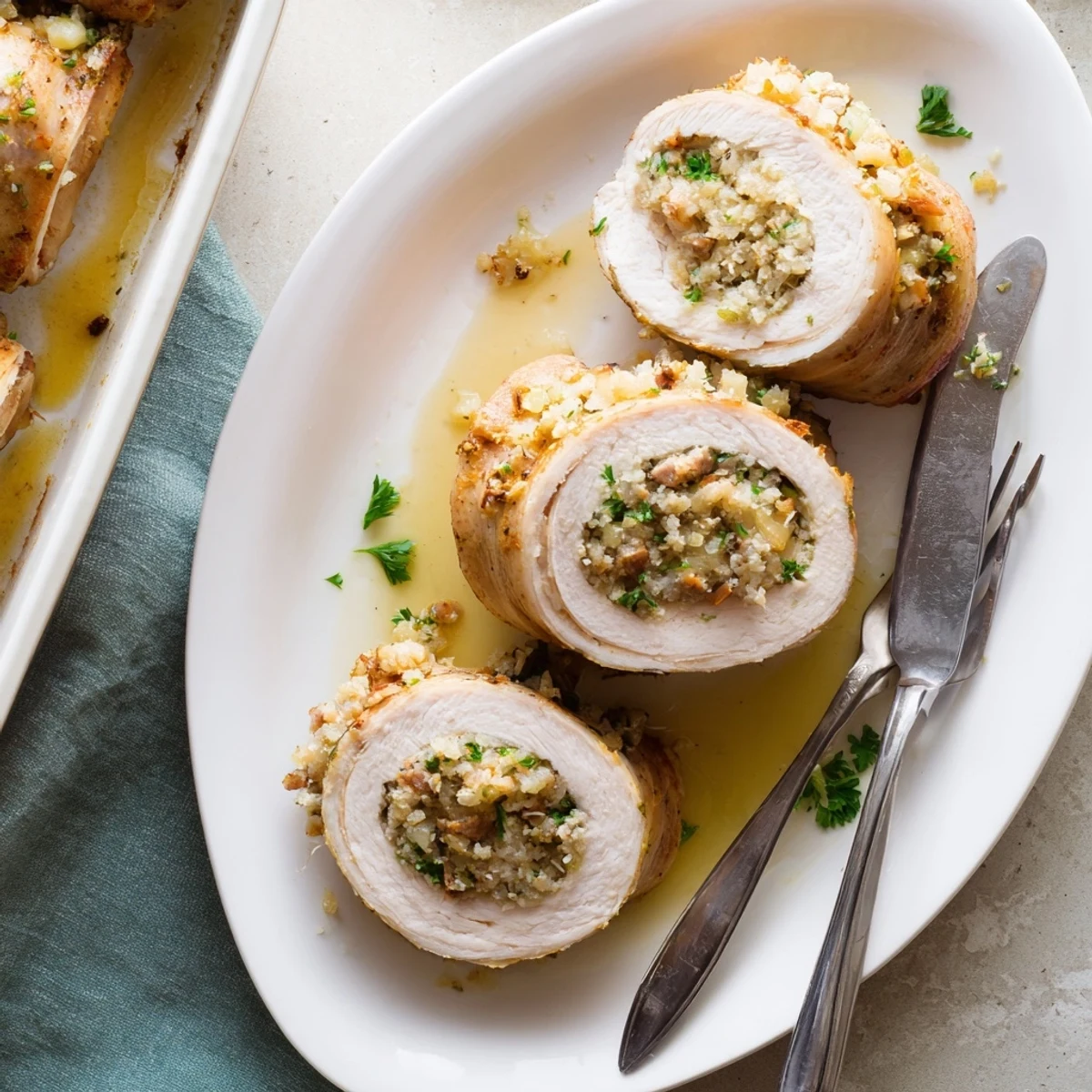 Golden brown Flavor-Packed Turkey Roll Ups with Stuffing arranged on a white plate with fresh parsley garnish.