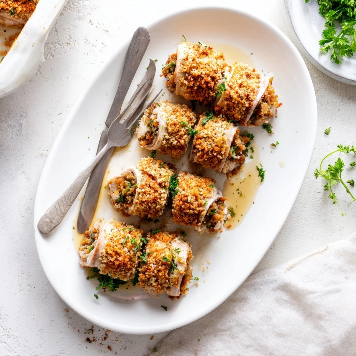Sliced Flavor-Packed Turkey Roll Ups with Stuffing show juicy turkey and savory filling on a rustic wooden board.