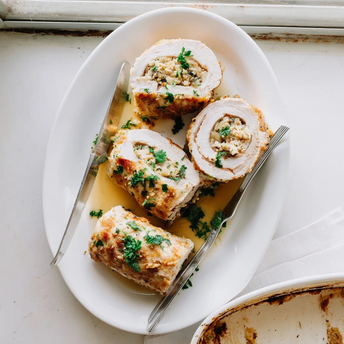 Moist Flavor-Packed Turkey Roll Ups with Stuffing resting in a ceramic baking dish, served with cranberry sauce.