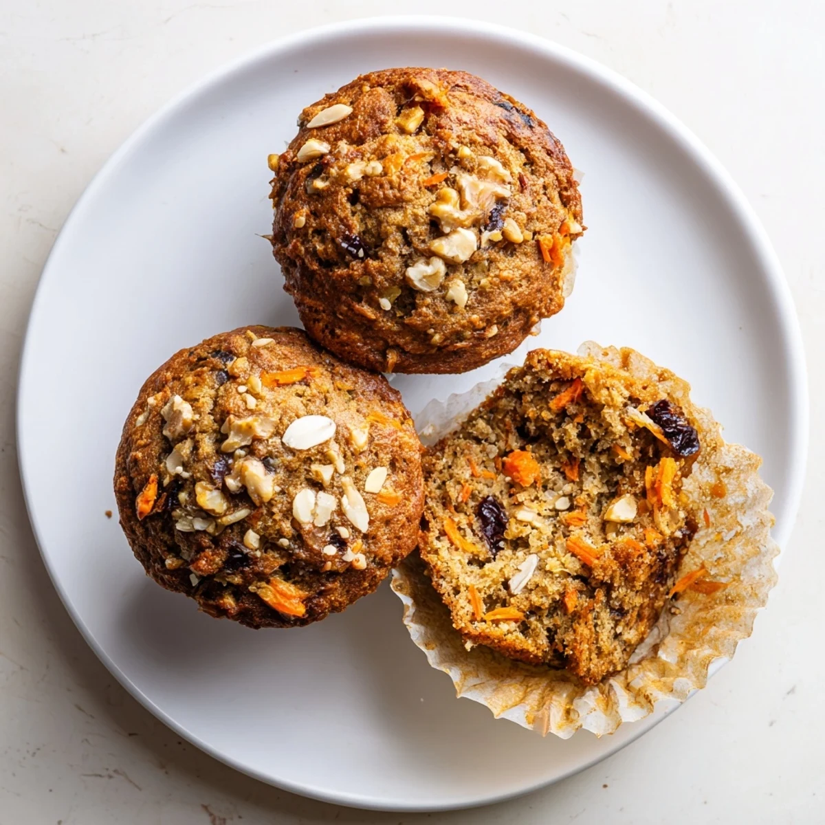 Freshly baked Morning Glory Muffins with shredded carrots and grated apple on a cooling rack.