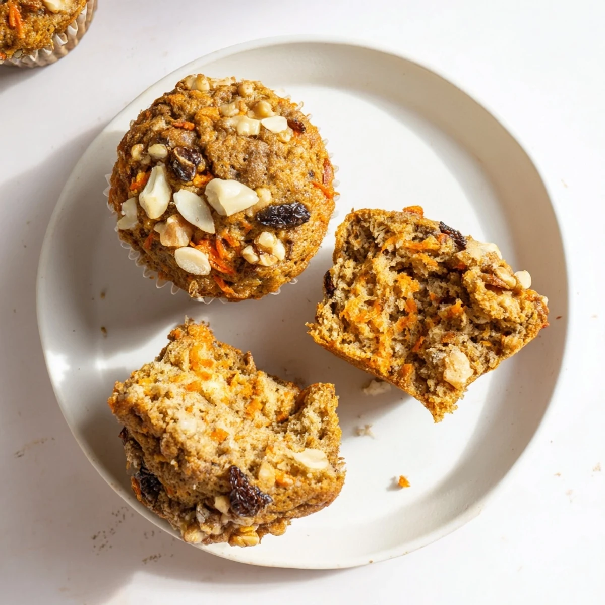 Morning Glory Muffins topped with chopped walnuts and sunflower seeds, served on a rustic plate.