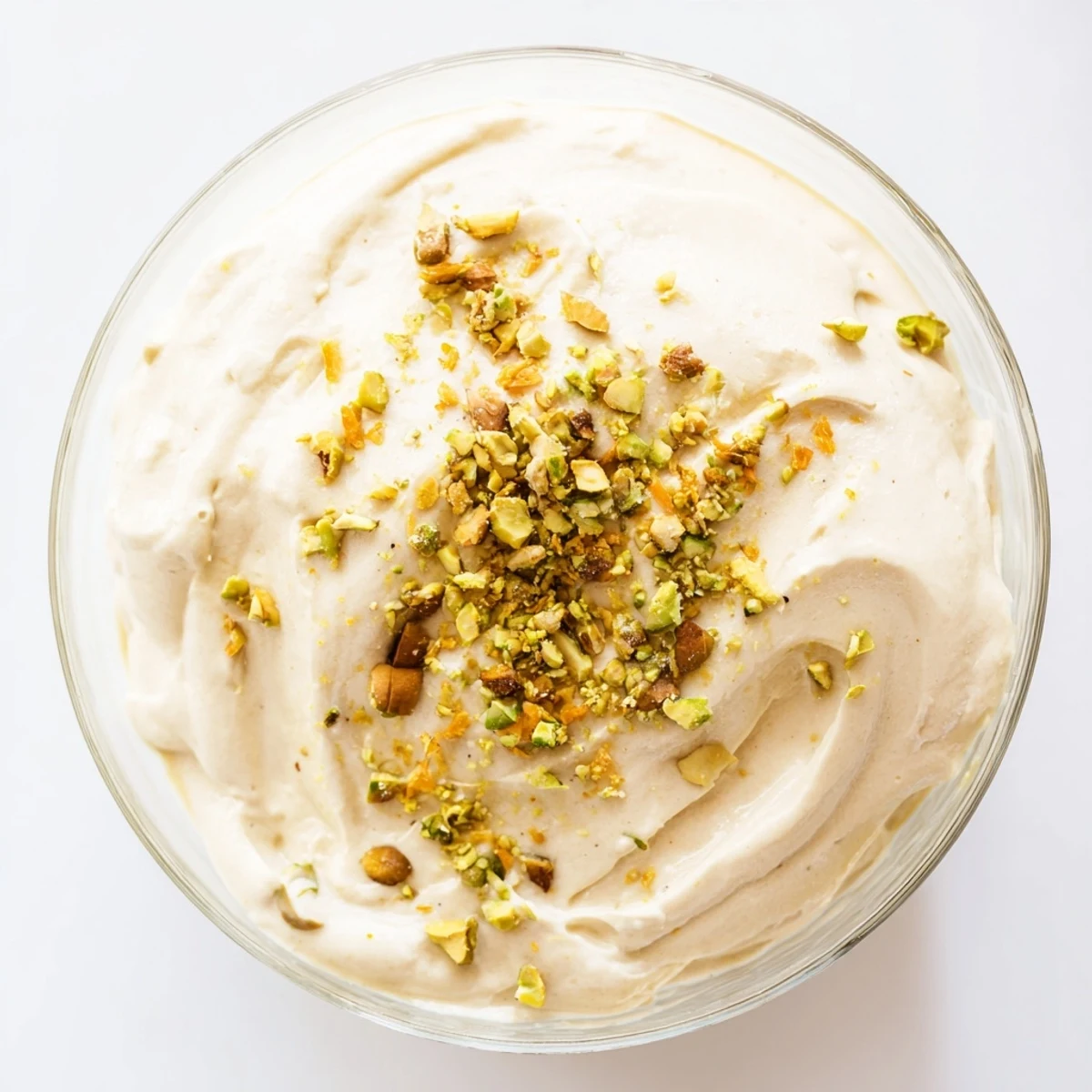 Lebanese Date Orange Blossom Mousse topped with crushed pistachios and orange zest served in chilled glasses.