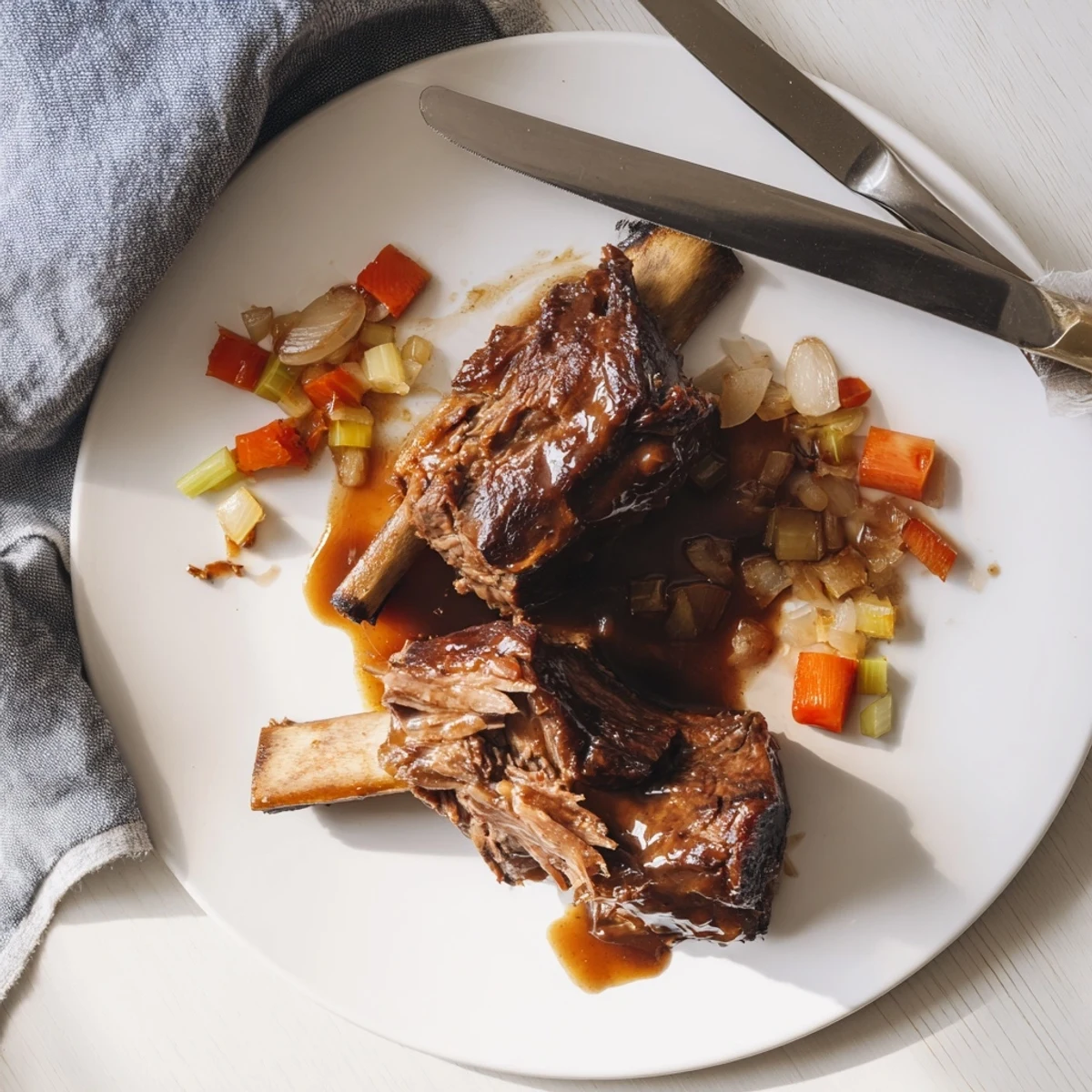 Tender Maple Bourbon Glazed Short Ribs on a plate with roasted vegetables and fresh thyme garnish.