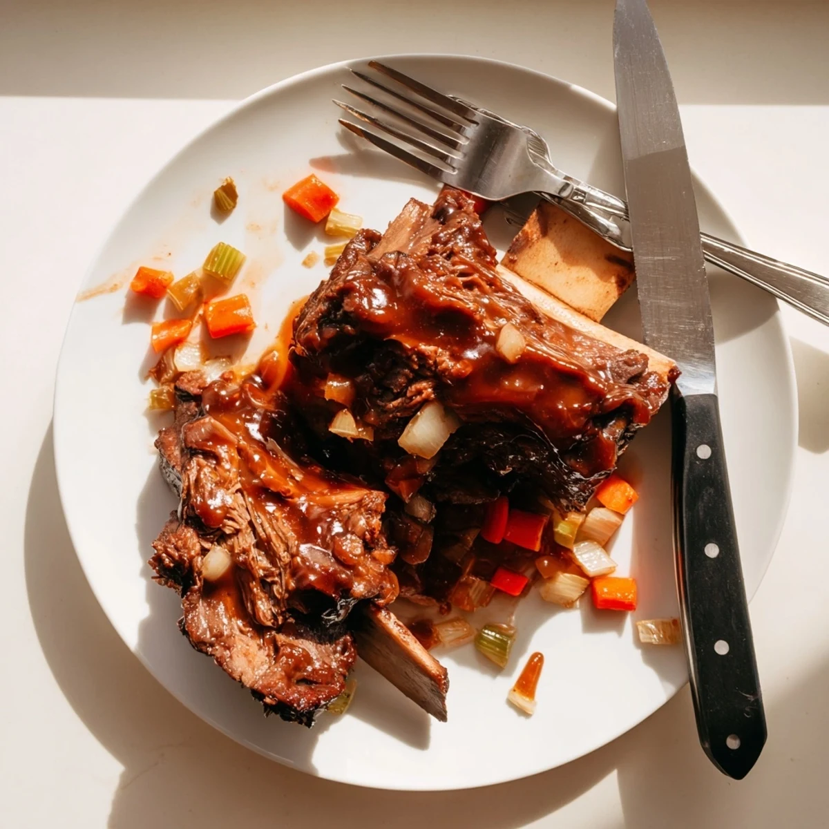 Close-up of Maple Bourbon Glazed Short Ribs with glossy, sticky glaze and fork-tender beef falling off bone.