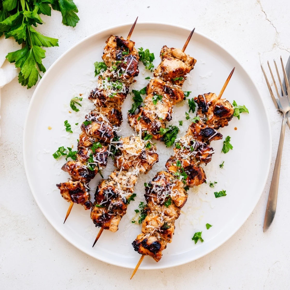 Golden grilled chicken skewers coated in melted Parmesan cheese after marinating in zesty ranch garlic sauce