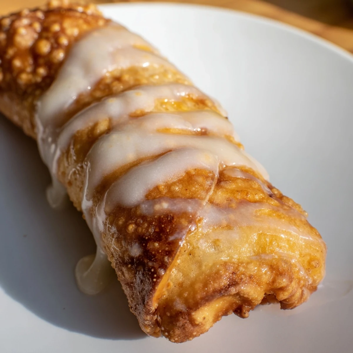Handheld peach cobbler dessert egg rolls with warm fruit filling and powdered sugar topping